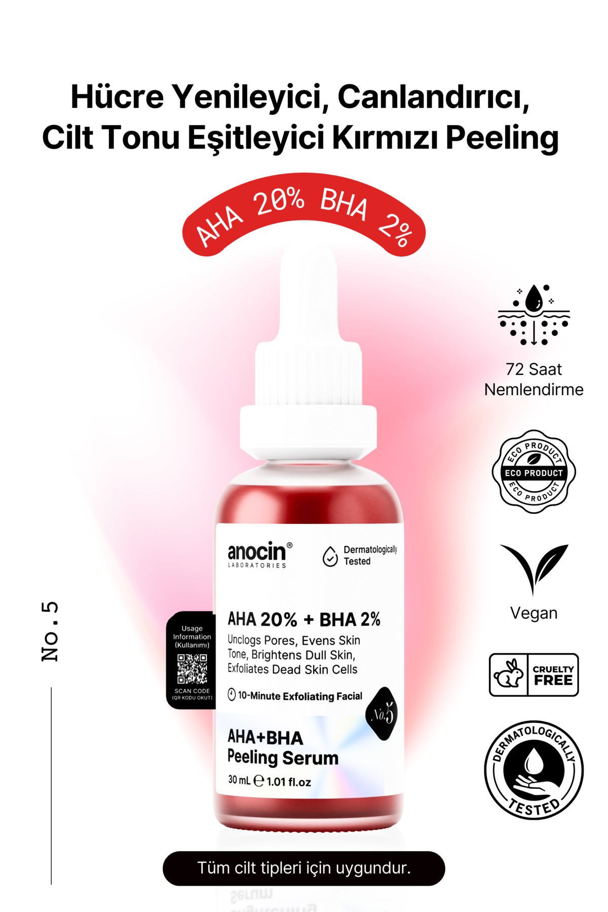 anocin AHA 20% + BHA 2% Canlandırıcı & Cilt Tonu Eşitleyici Kırmızı Peeling Cilt Serumu