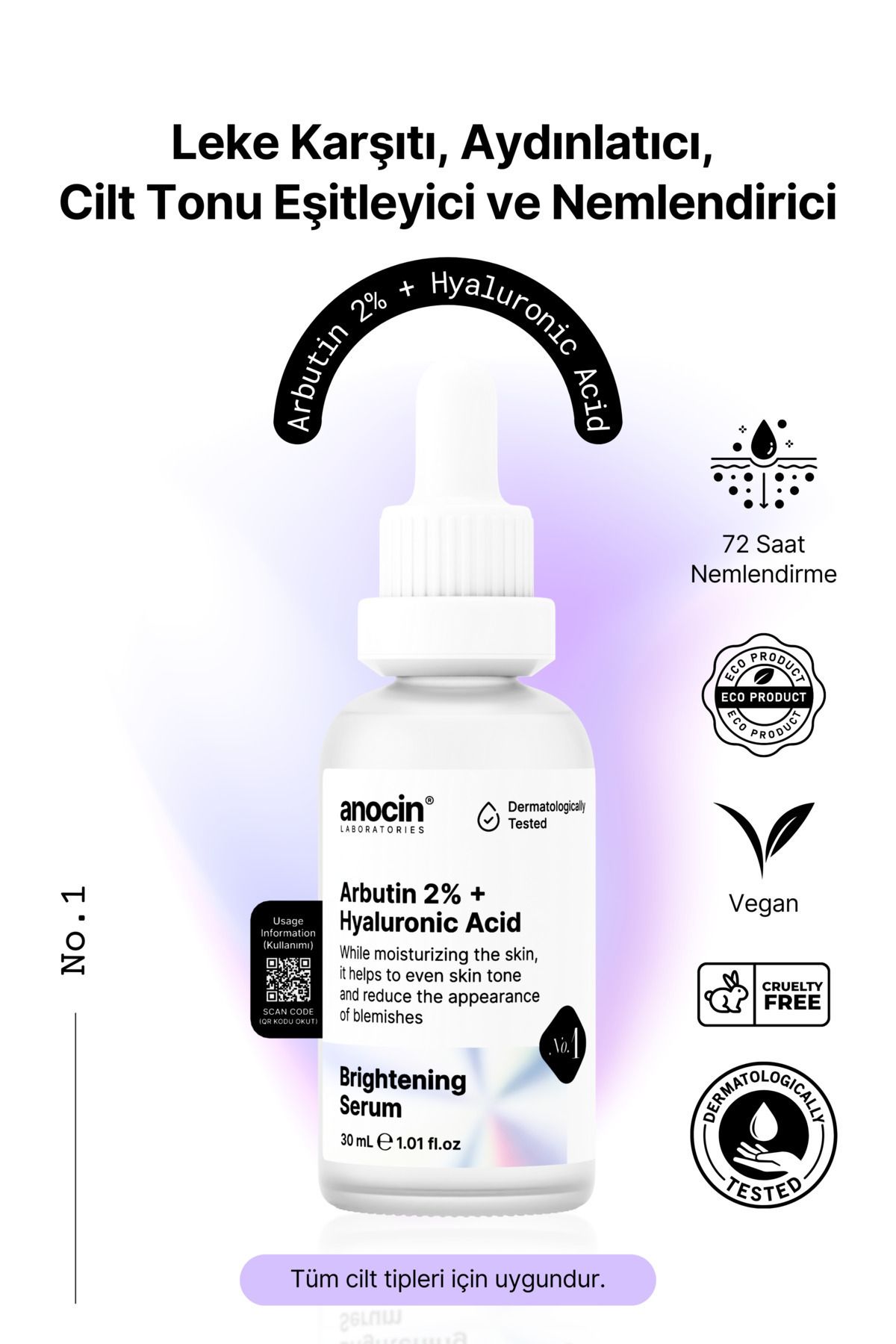 anocin Arbutin %2+ Hyaluronic acid Leke karşıtı, Aydınlatıcı, Cilt ton eşitleyici, Nemlendirici serum No:1