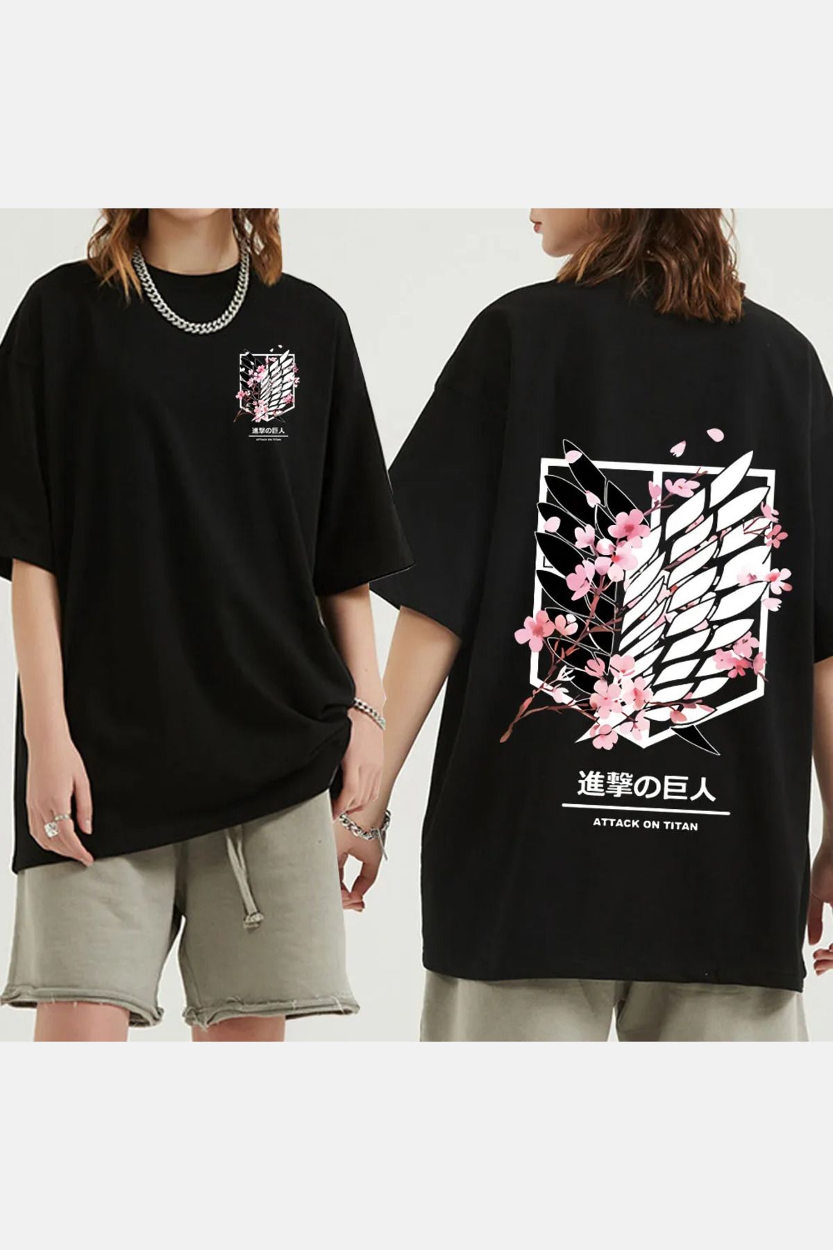 POPULUS Attack On Titan Flowers Siyah T-shirt