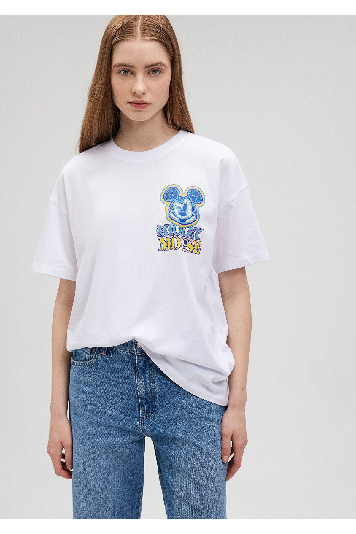 Mavi Mickey Mouse Baskılı Beyaz Tişört Loose Fit / Bol Rahat Kesim 1612473-620