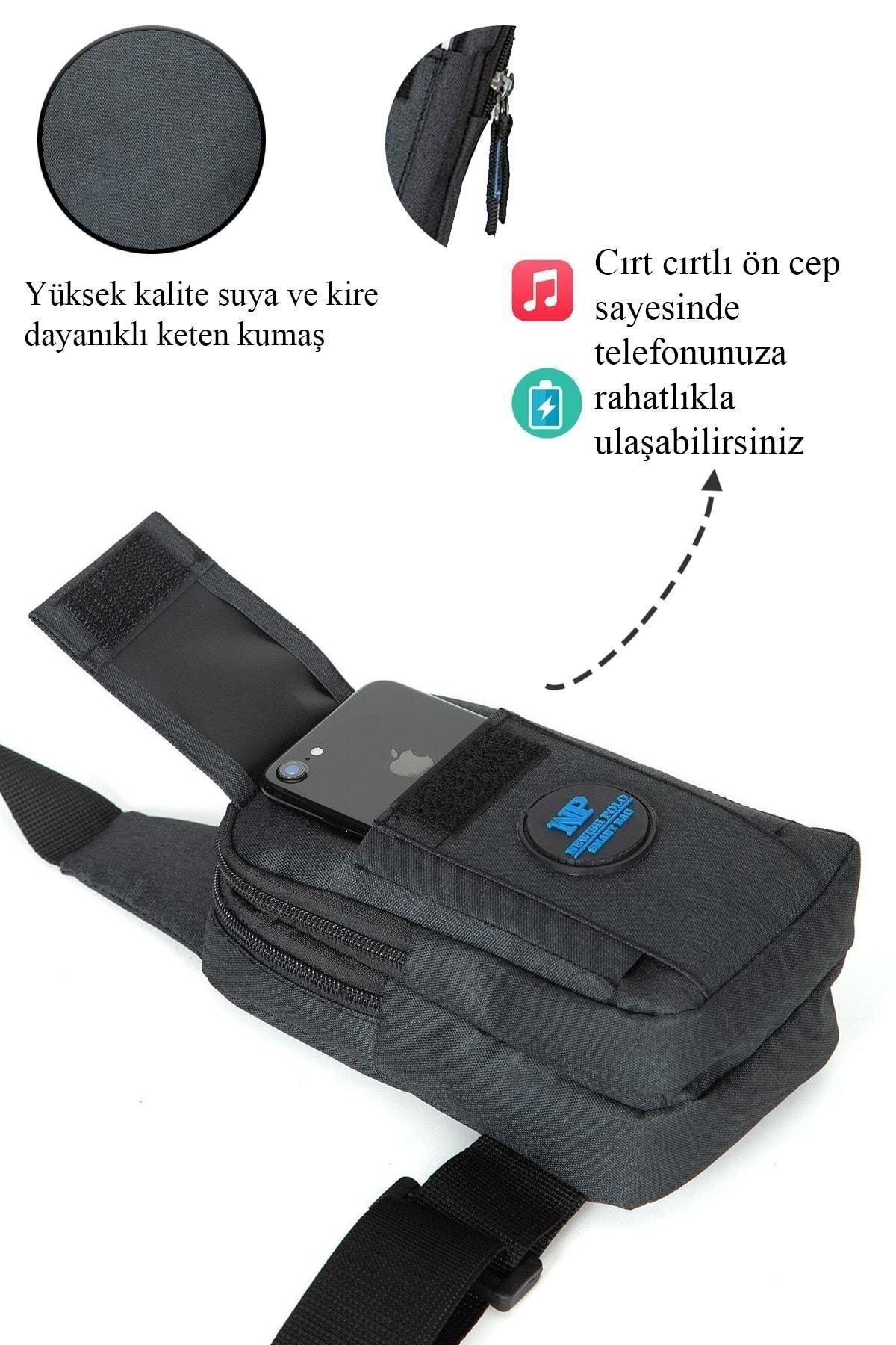 Newish Polo Unisex Suya Dayanıklı Keten Kumaş Telefon Bölmeli Mini Omuz Çantası Çapraz Çanta Günlük Siyah Renk