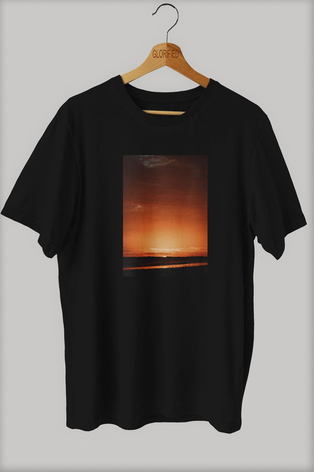CB MAN COLLECTİON Gün Batımında Deniz Sahil Manzarası Baskılı Oversize T-shirt ( Tişört ) %100 Cotton
