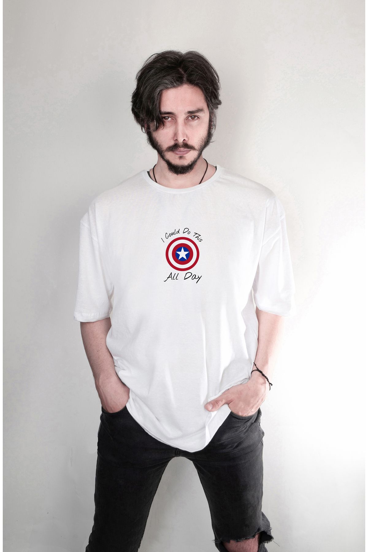 CB MAN COLLECTİON Marvel Captain America Kaptan Amerika Özel Tasarım Baskılı Oversize Beyaz Tişört