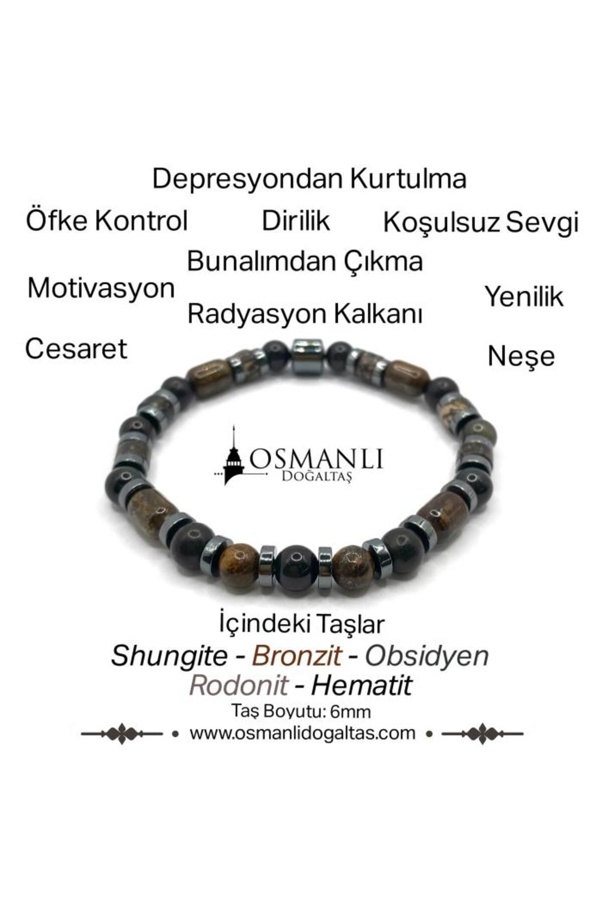 OSMANLI DOĞAL TAŞ Sertifikalı Hakiki Shungite - Bronzit - Obsidyen - Rodonit - Hematit 6mm Misinalı Doğal Taş Bileklik