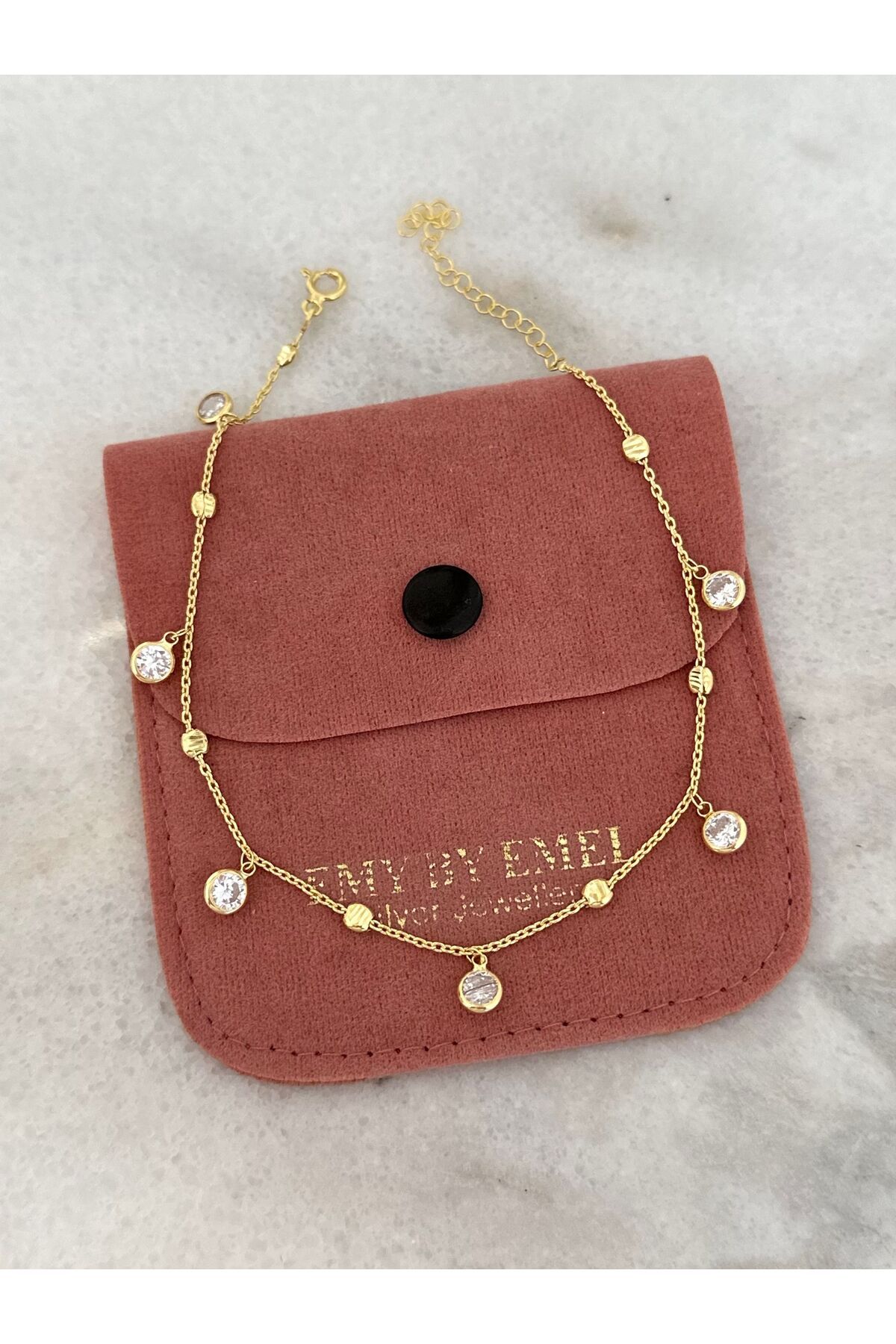 emy by emel luxury silver jewelry Halhal - Sallantılı Taşlı Halhal Altın Kaplama 925 Ayar Gümüş