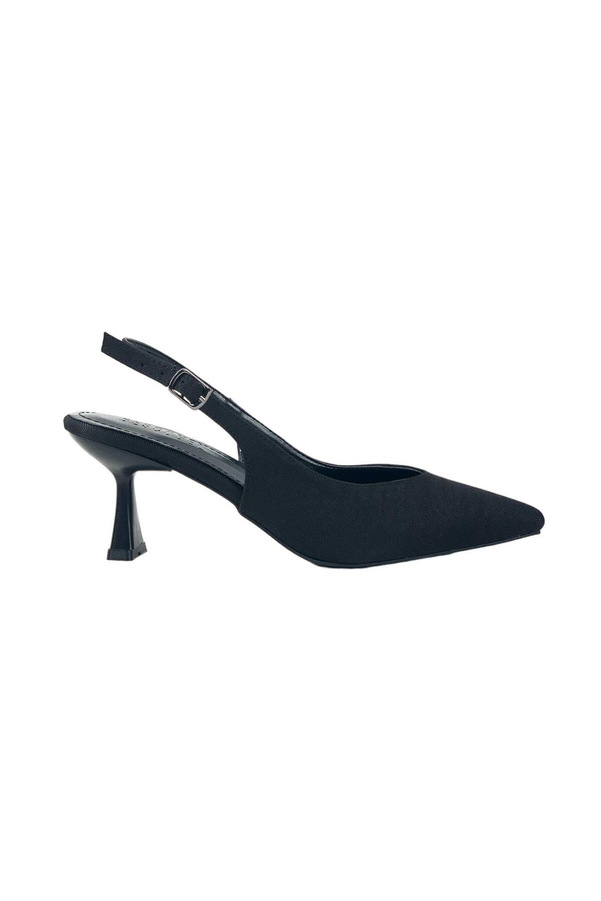 bescobel Kadın Pasge SiyahKot Sivri Burun Topuklu Sandalet 6 Cm 4114