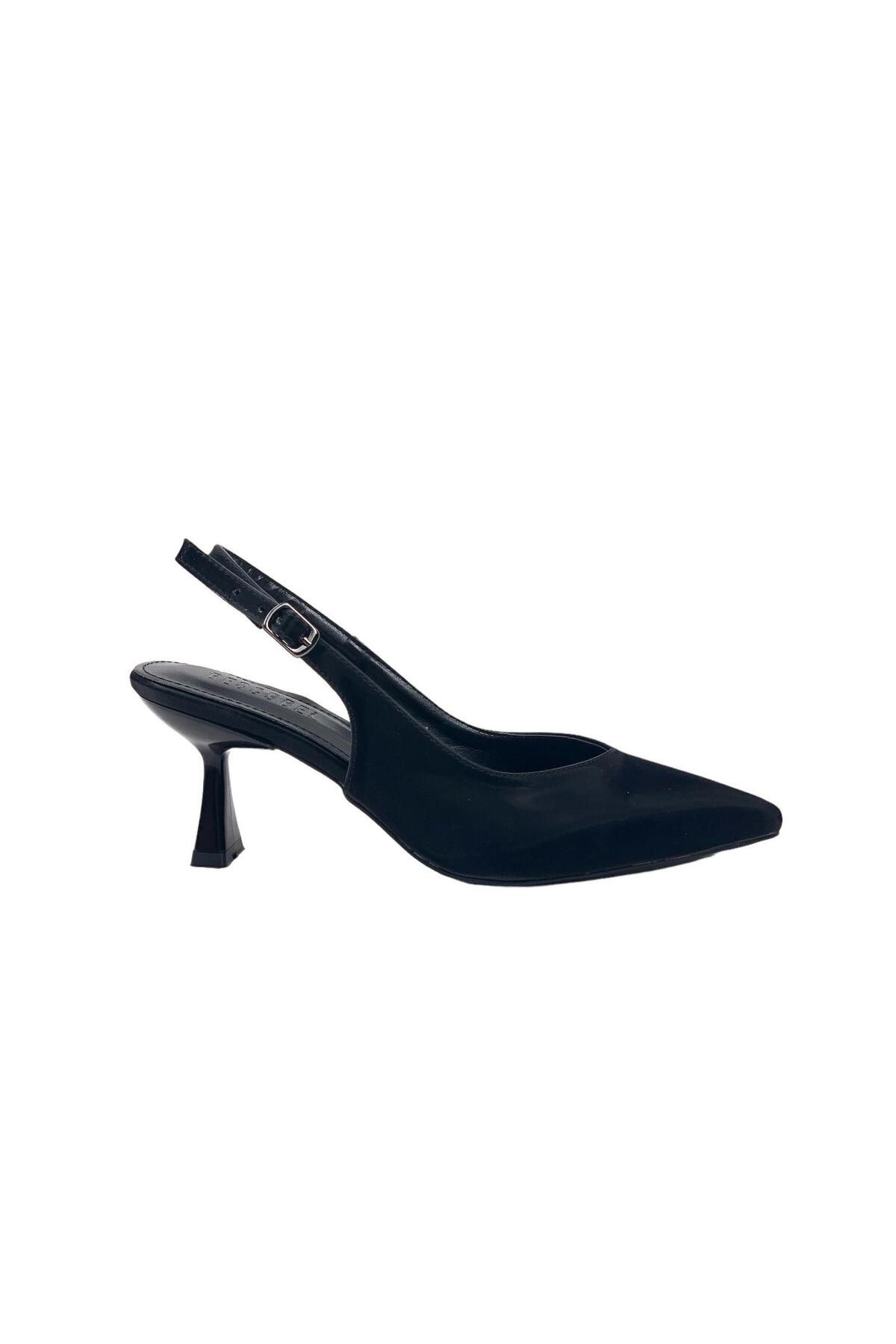 bescobel Kadın Pasge Siyah İpek Malzeme Sivri Burun Topuklu Sandalet 6 Cm 4114