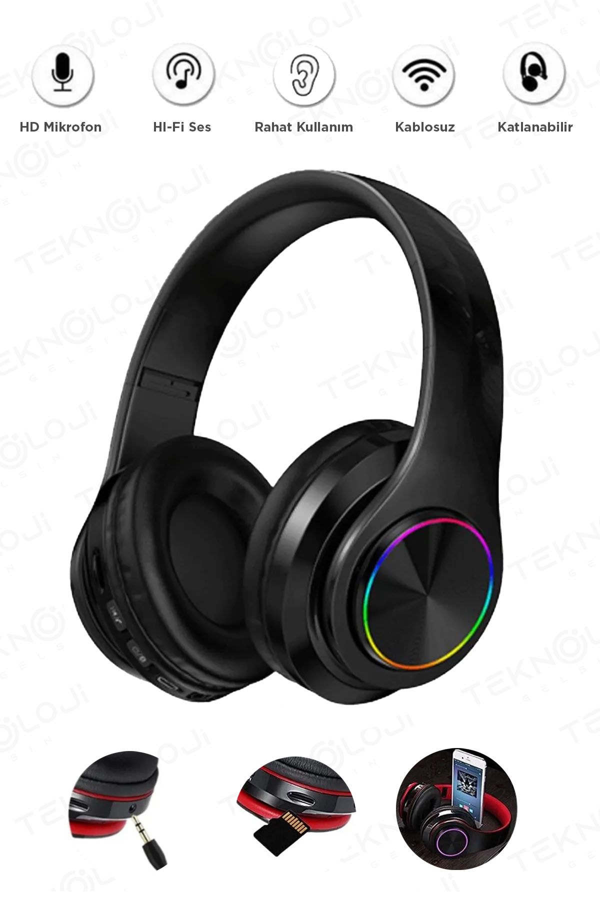 Teknoloji Gelsin Bluetooth Kulaklık Kablosuz Kulaküstü Işıklı Katlanabilir Mikrofonlu Fm-aux-sd Siyah