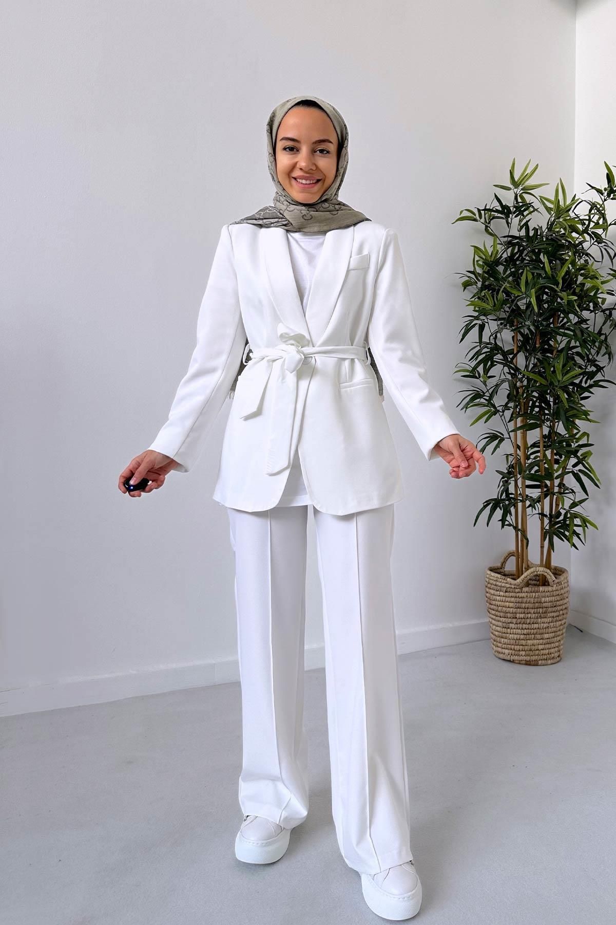 Ka Hijab Vatkalı Blazer Ceket Pantolon Takım - Beyaz