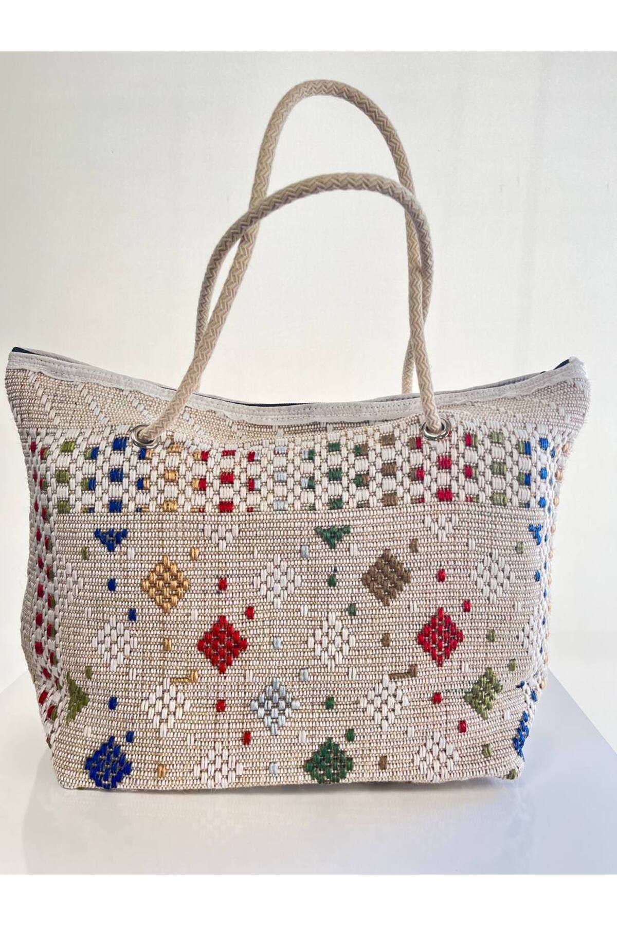 ubmbutik Desenli Kilim Seyahat Çantası Fermuarlı Plaj Çantası Otantik Piknik Çantası