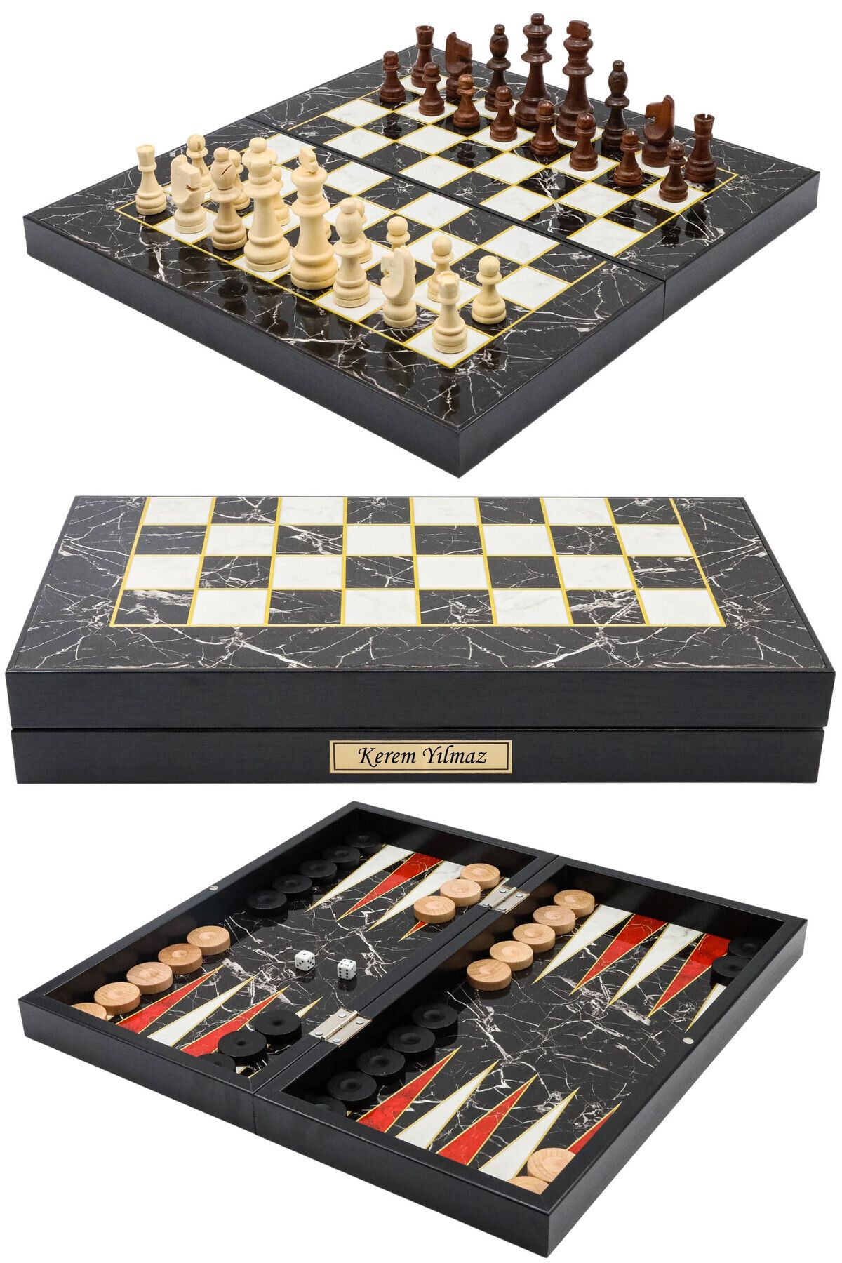 Cooper Chess Kişiye Özel Büyük Boy 50cm Mermer Desenli Premium Ahşap Tavla Takımı - Ahşap Satranç Takımı ve Dama