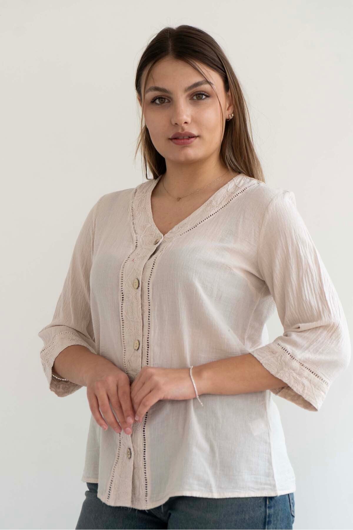 citycenterfashion Kadın Büyük Beden Gömlek Bluz V Yaka Önden Düğmeli %100 Pamuk Organik Şile Bezi Keten cty-akc-689