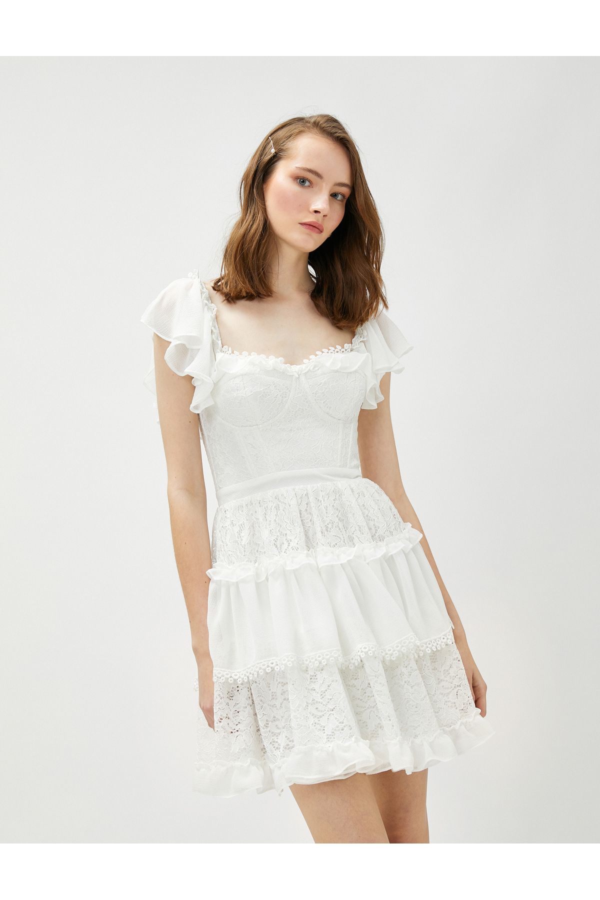 Koton Bridal Katlı Mini Elbise Dantel Detaylı
