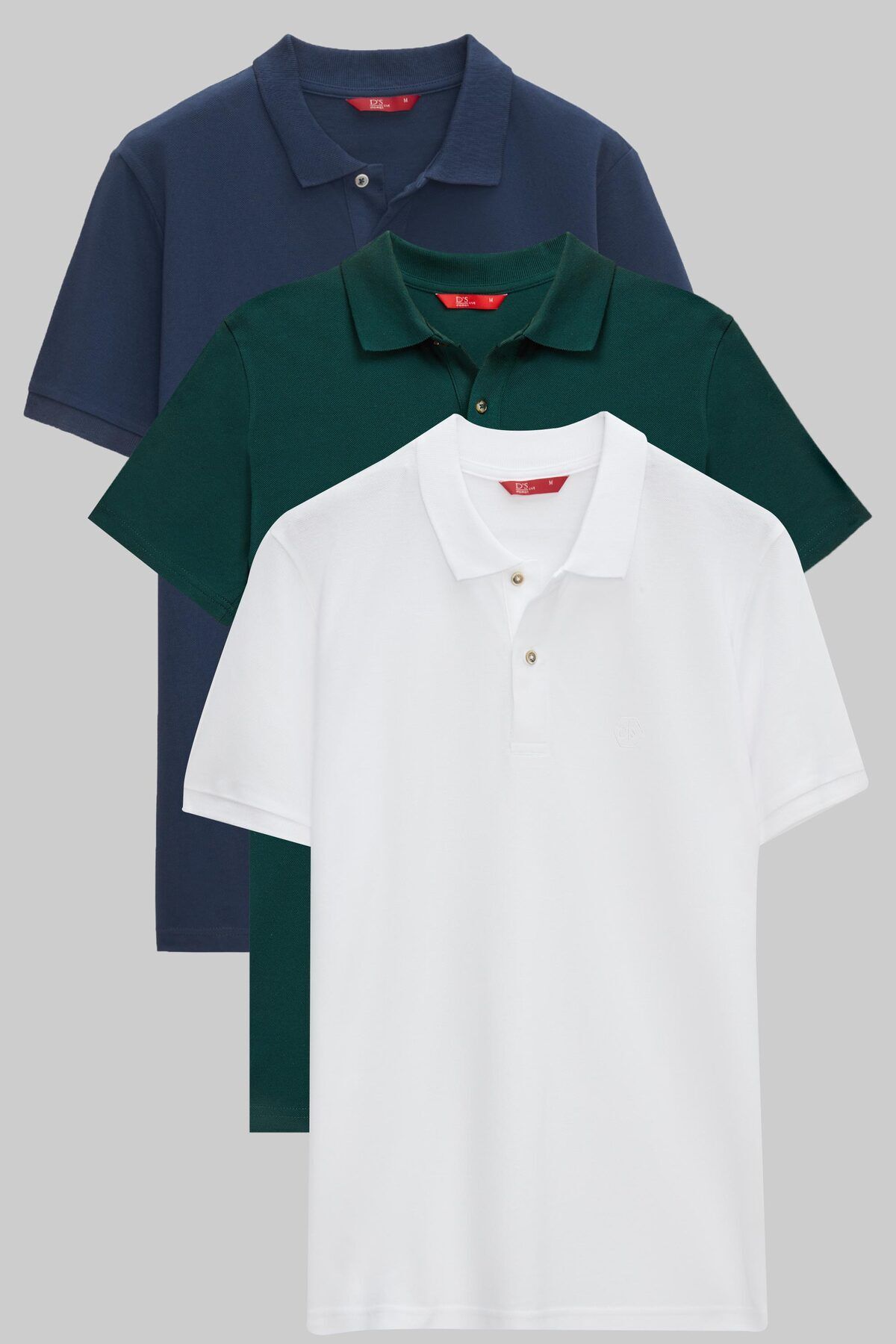 D'S Damat Ds Damat Regular Fit İndigo/Haki/Beyaz Pike Dokulu %100 Pamuk Polo Yaka T-Shirt