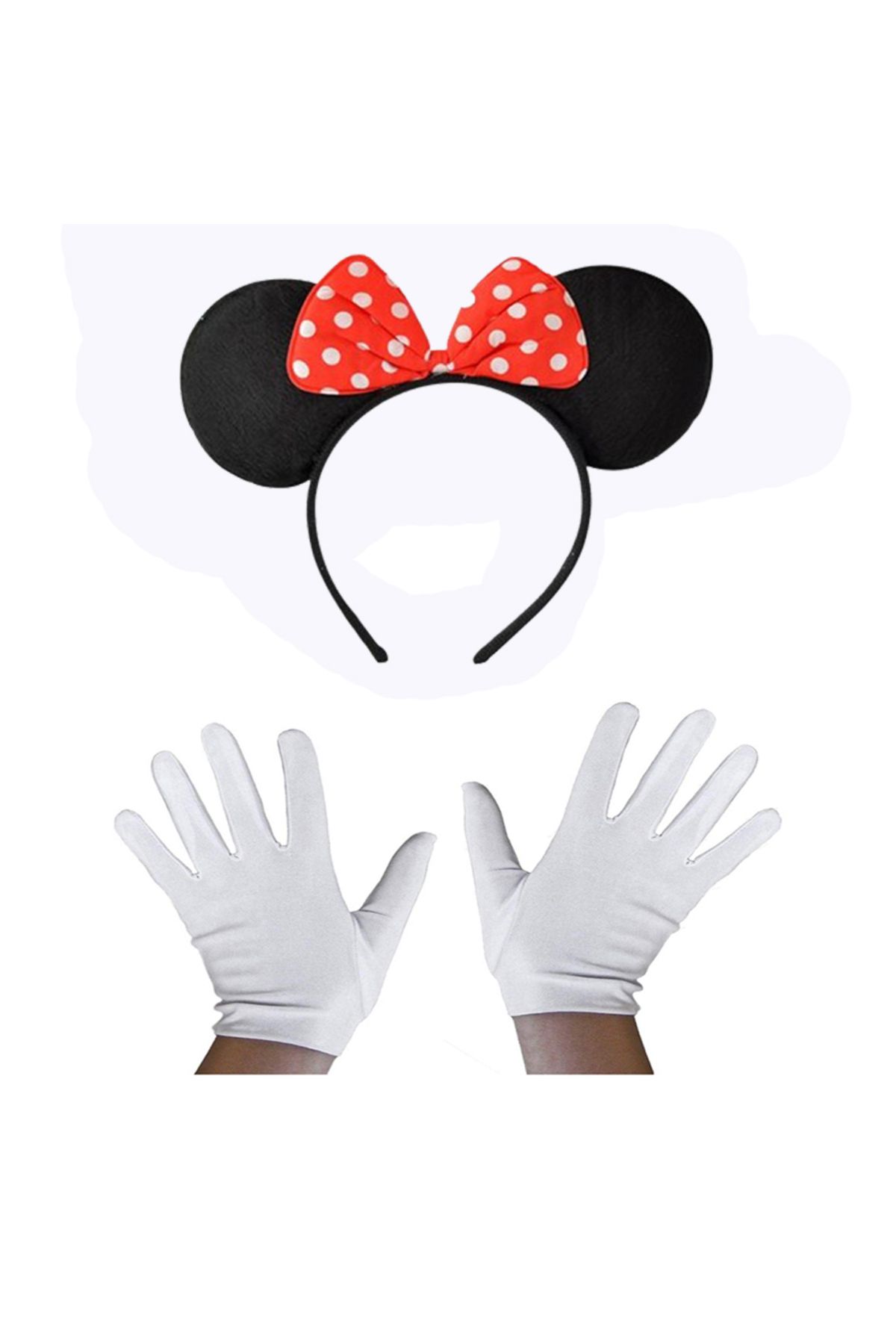 BOL ÇEŞİT BURADA Kırmızı Fiyonklu Minnie Mouse Tacı ve Beyaz Eldiven Seti (K0)