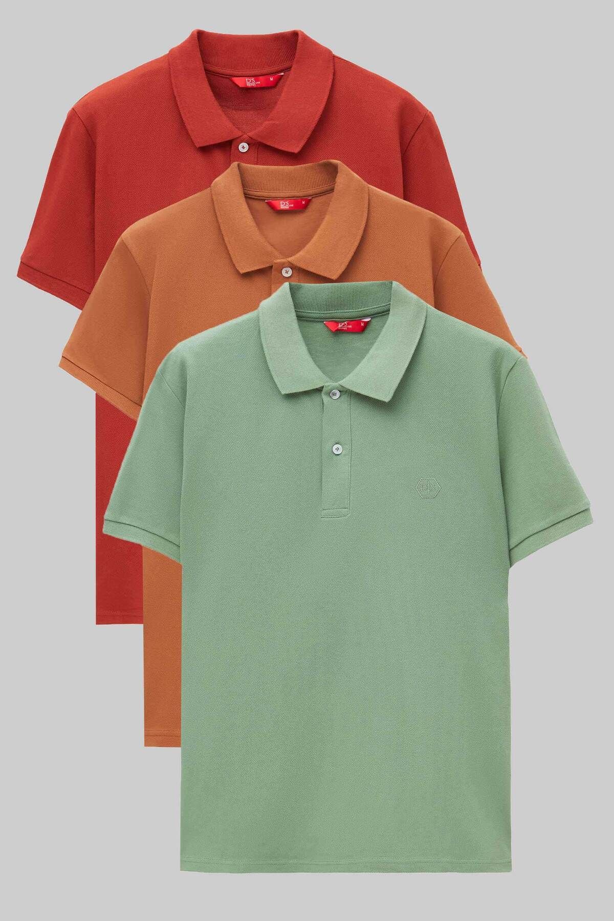 D'S Damat Ds Damat Regular Fit Kiremit/Tütün/Açık Yeşil Pike Dokulu %100 Pamuk Polo Yaka T-Shirt