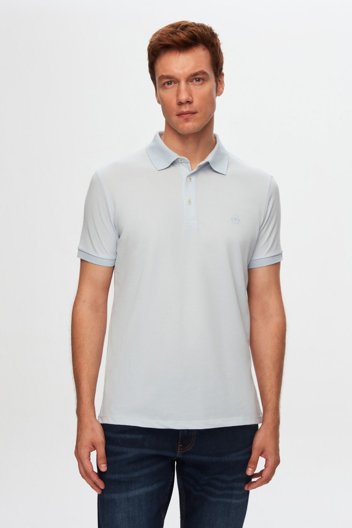 D'S Damat Regular Fit Mavi Polo Yaka Nakışlı Pamuk Karışımlı T-shirt