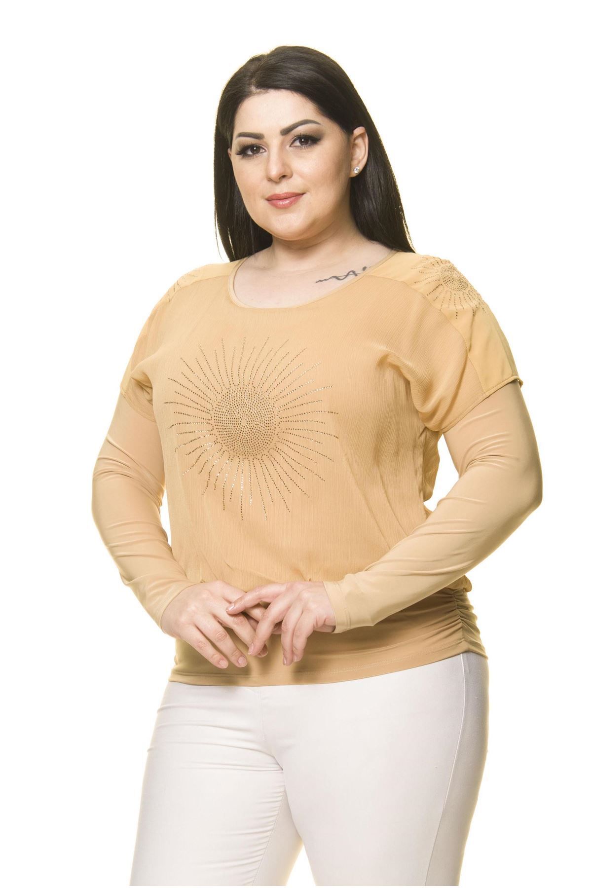 Modayız Kadın Büyük Beden Sarı Taş Işlemeli Bluz A7-3031-1