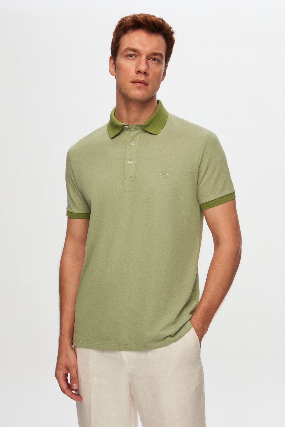 D'S Damat Ds Damat Regular Fit Yeşil Polo Yaka Nakışlı Pamuk Karışımlı T-Shirt
