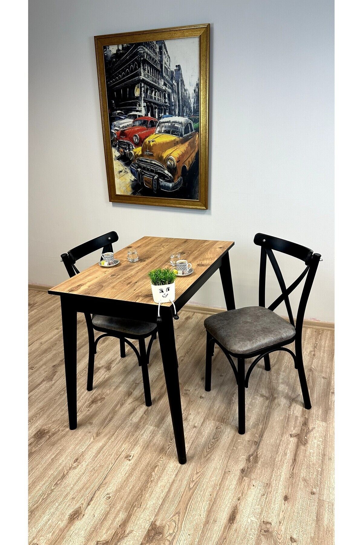 Dimassi Retro Atlantik Çam Siyah 2 Kişilik Yemek Masası Mutfak Masası Salon Masası Koyu Bej Sandalye