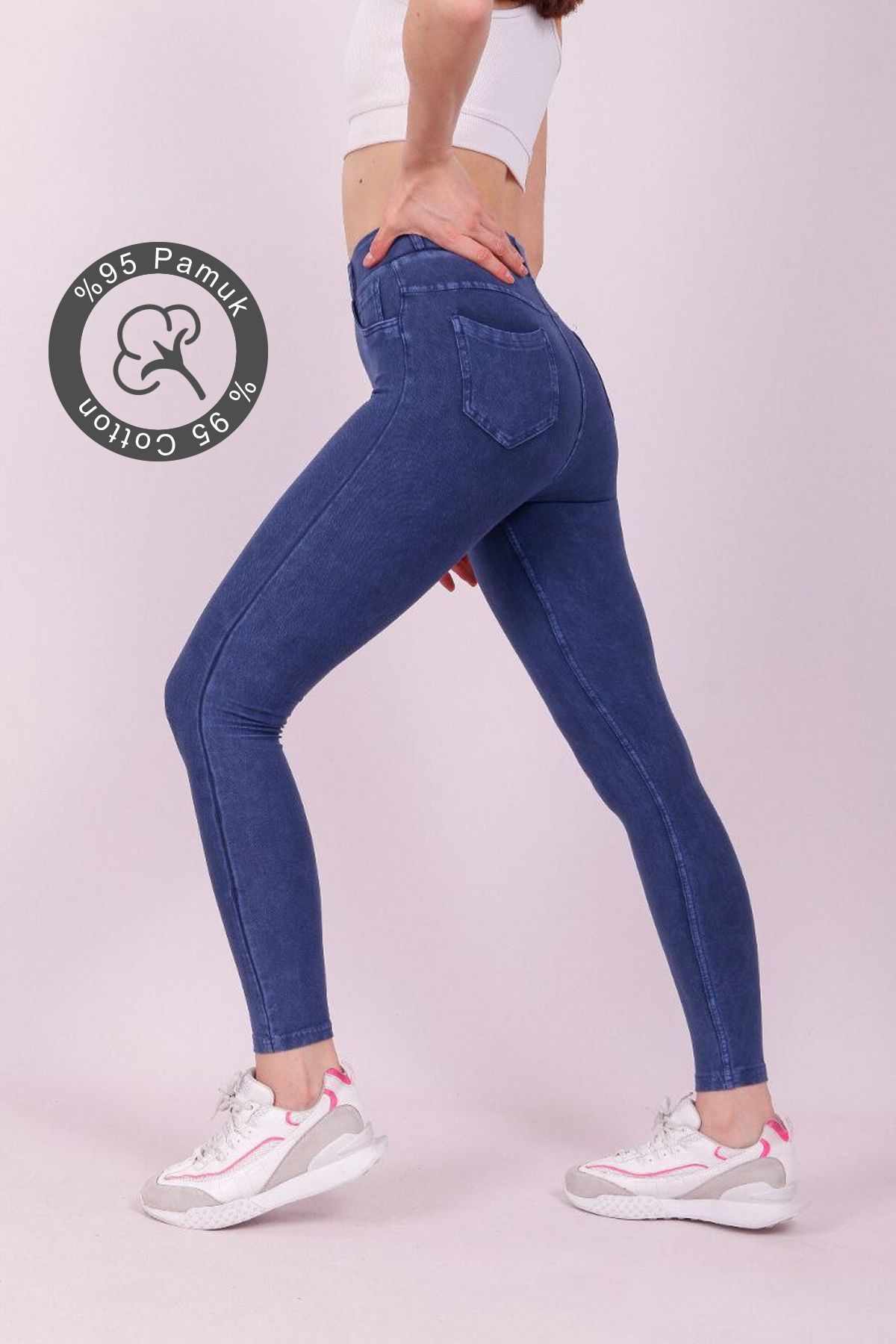 Alışveriş Sokağı Kot Pantolon Görünümlü Arka Cepli Pamuklu Günlük Tayt