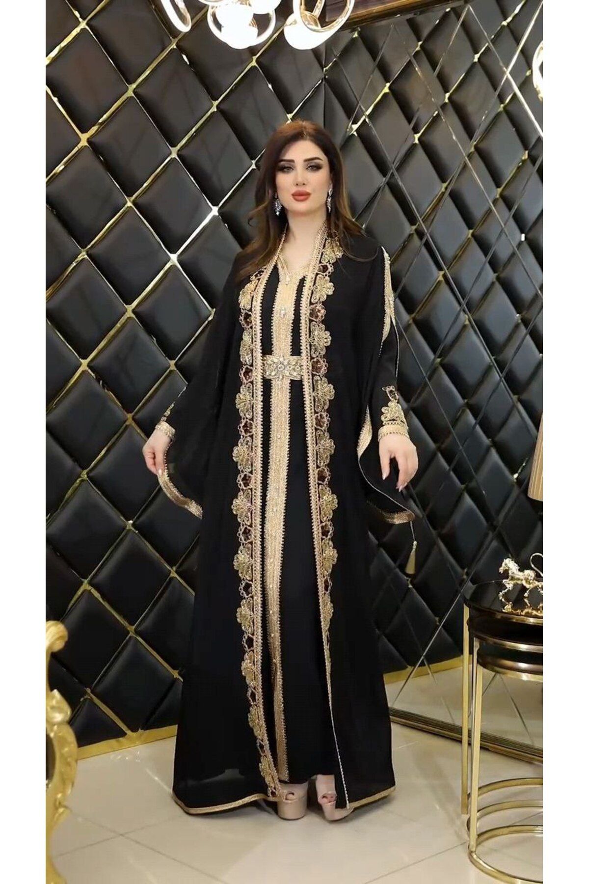 ZENABİYEM Zena Fashion Altı Elbise Üstü Abaya Gold İşlemeli Kemerli Abiye Kaftan Yöresel