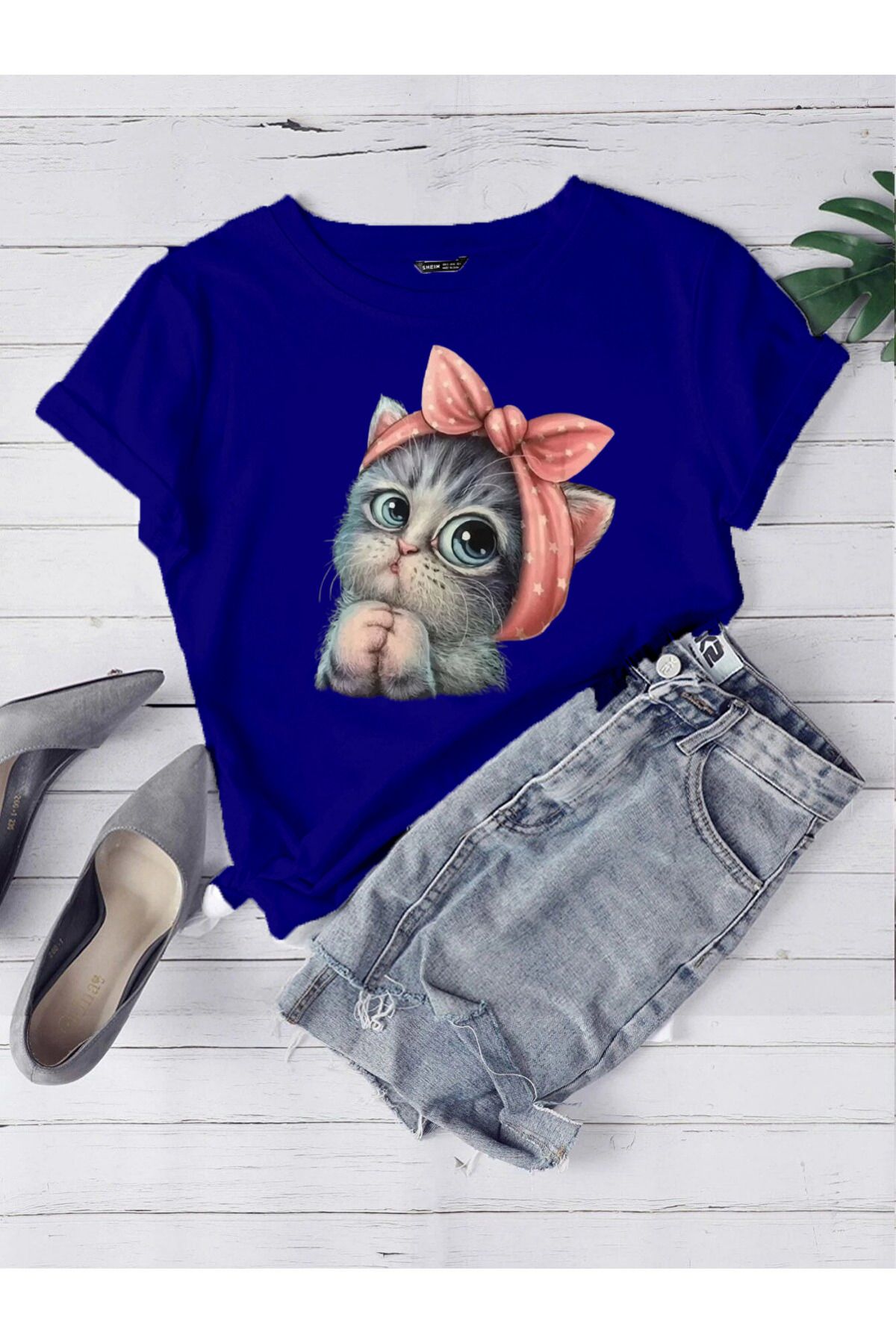 DUBU BUTİK Oversize Saks Mavi Sevimli Minik Kedi Baskılı T-shirt Unisex Rahat Kalıp