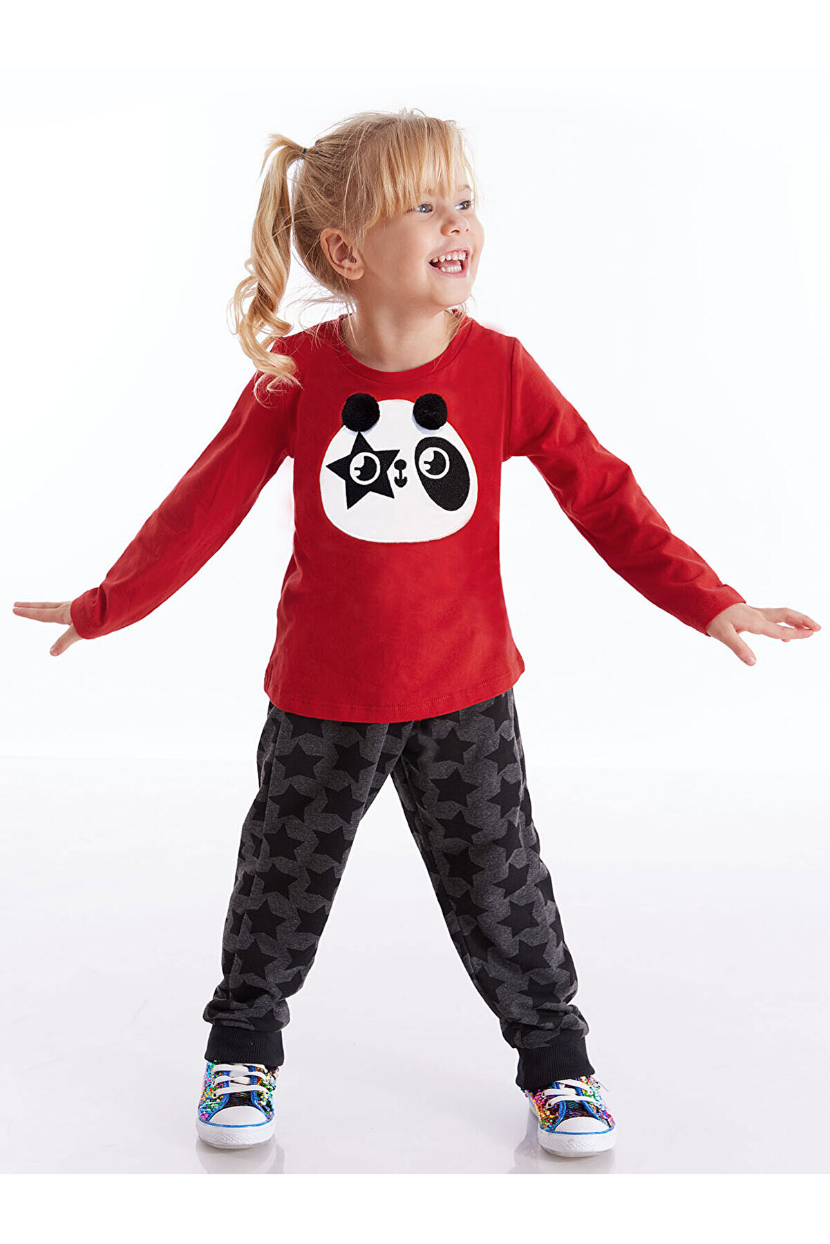 Denokids Ponponlu Panda Kız Çocuk T-shirt Pantolon Takım