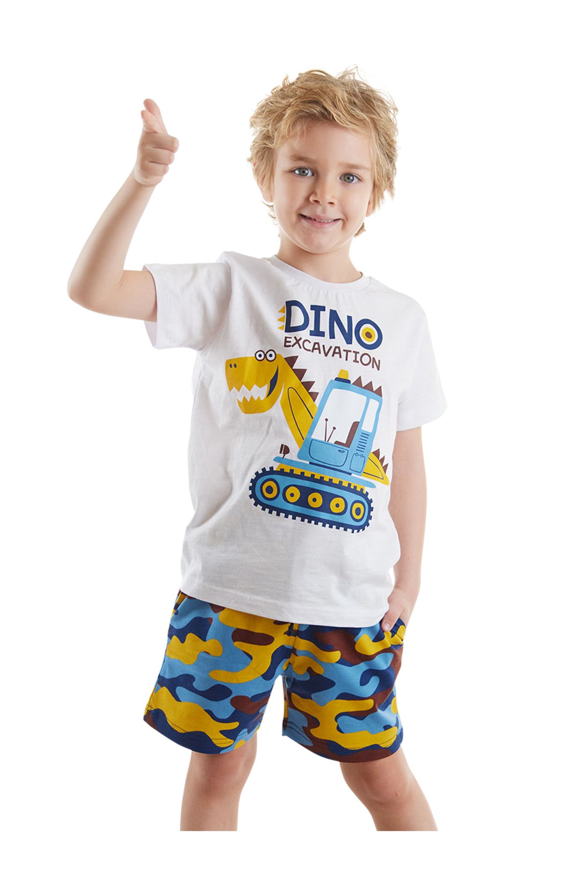Denokids Dino Kazı Erkek Çocuk T-shirt Kamuflaj Şort Takım