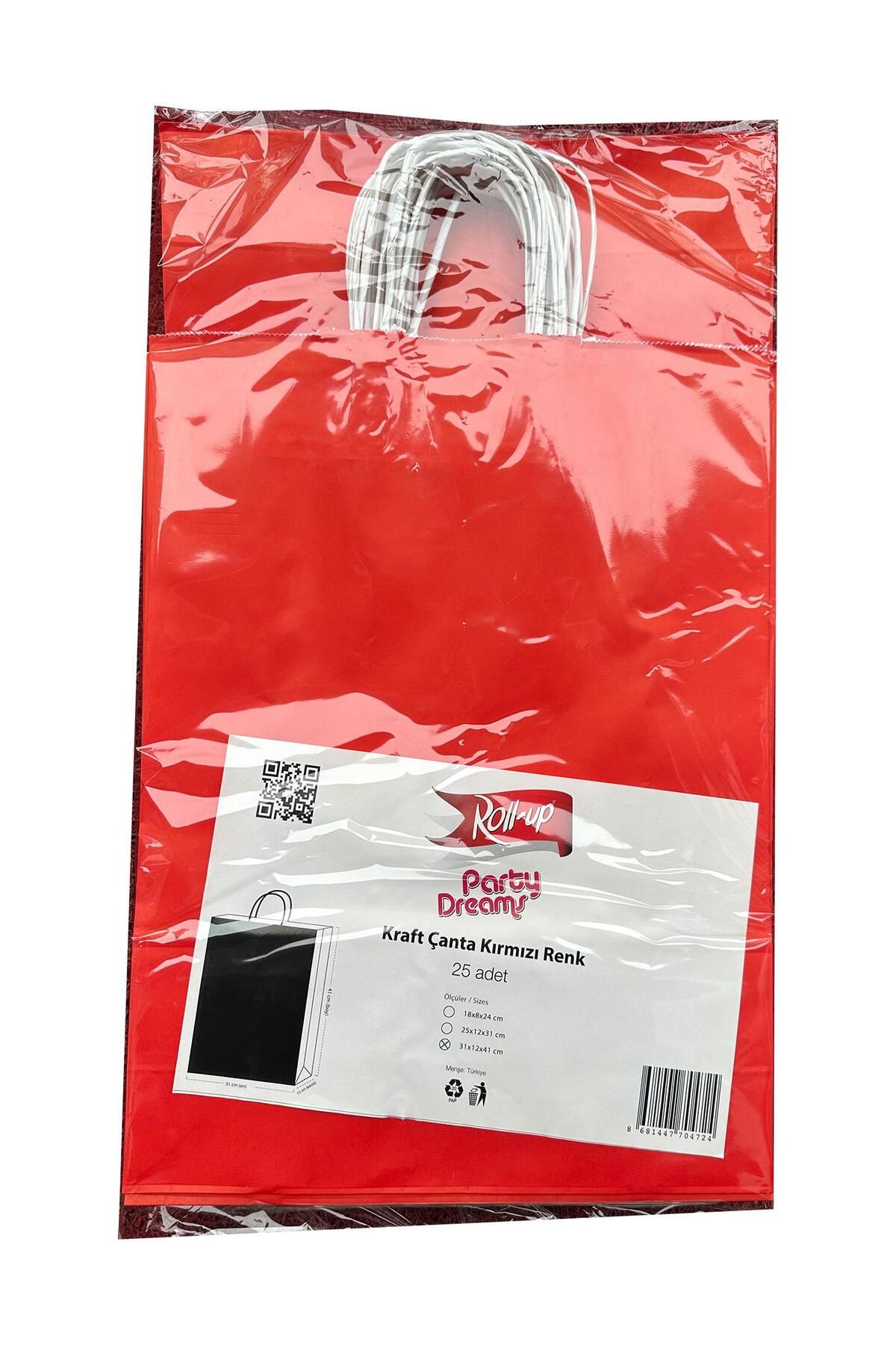Roll Up Büküm Saplı Kraft Kağıt Çanta Karton Hediyelik Poşet Torba - Kırmızı - 31x41 Cm. - 25 Adetlik 2Paket