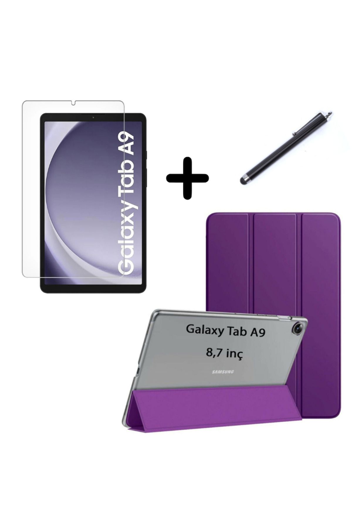 UnDePlus Samsung Galaxy Tab A9 8.7inç X110 Kılıf SET PU Deri Smart Tablet Kilifi Ekran Koruyucu + Kalem X113