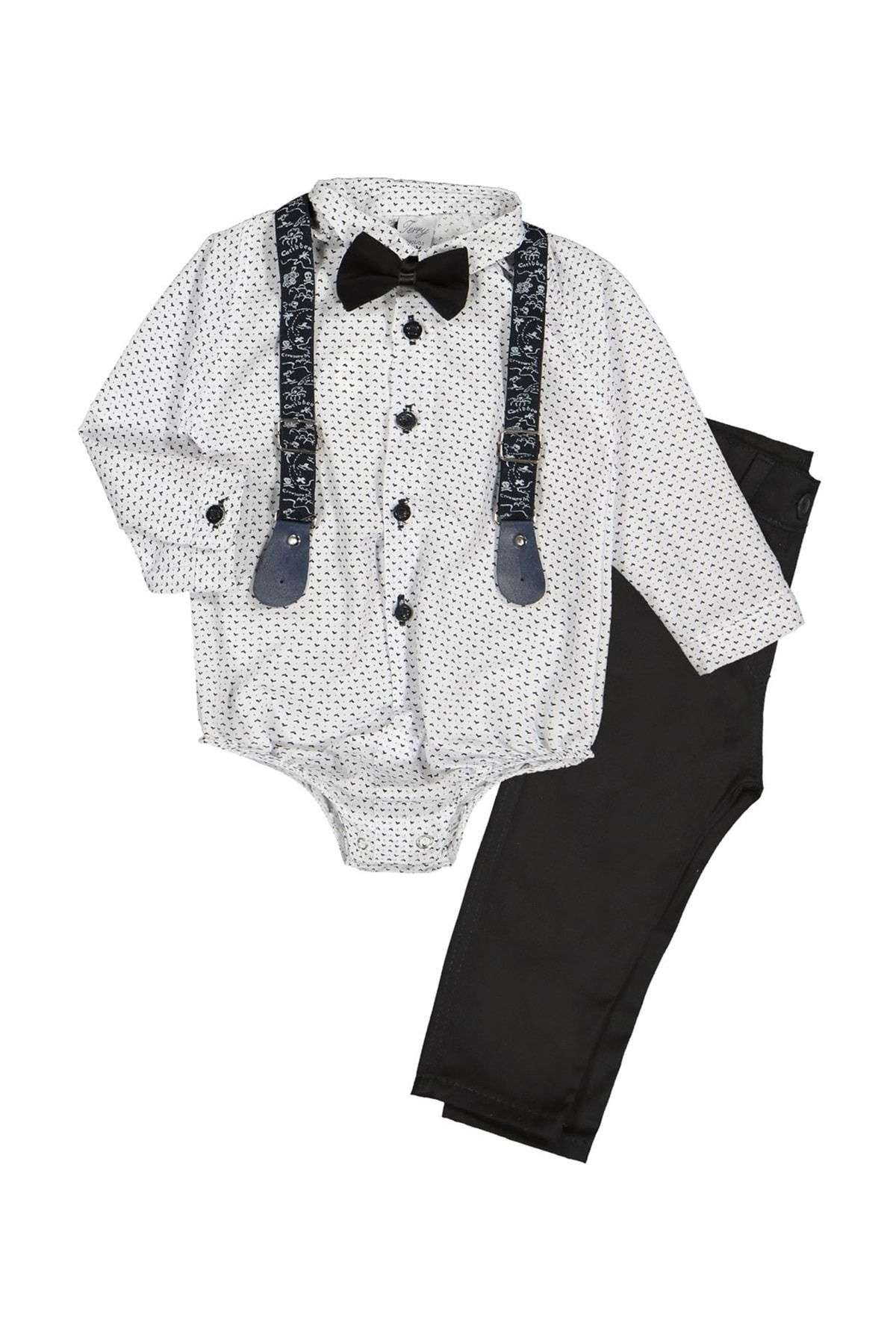 Mnk Gömlekli Alttan Çıtçıtlı Gabardin Pantolonlu Pamuklu Bebek Takım Lacivert