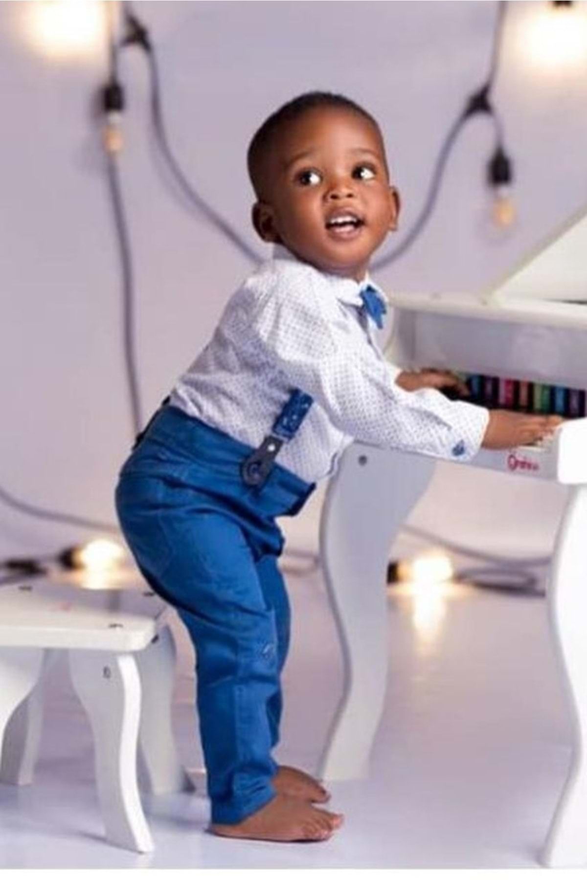 Mnk Gömlekli Alttan Çıtçıtlı Gabardin Pantolonlu Pamuklu Bebek Takım Indigo