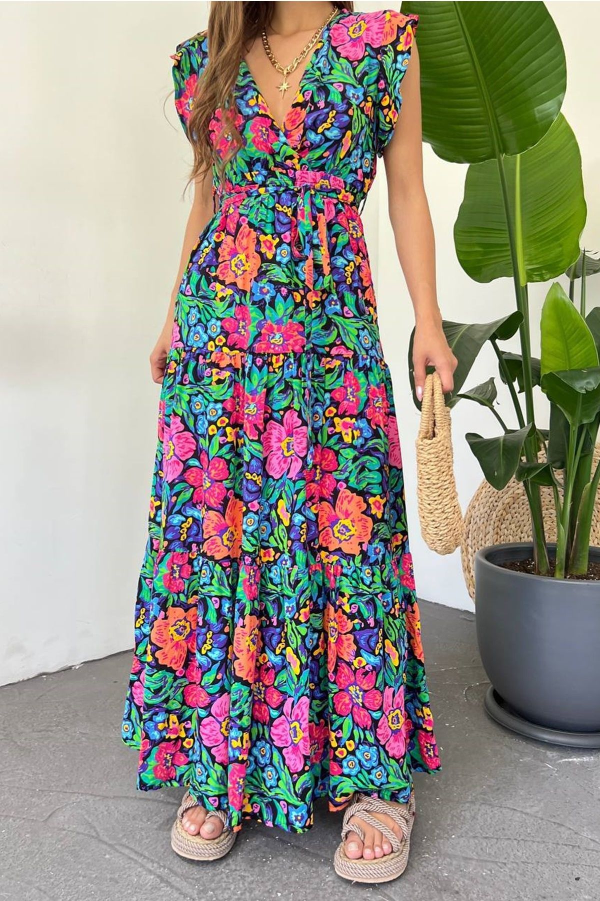 bayansepeti Renkli Çiçek Desen Kruvaze Yaka Beli Lastikli Tasarım Yazlık Kolsuz Maxi Elbise 10690