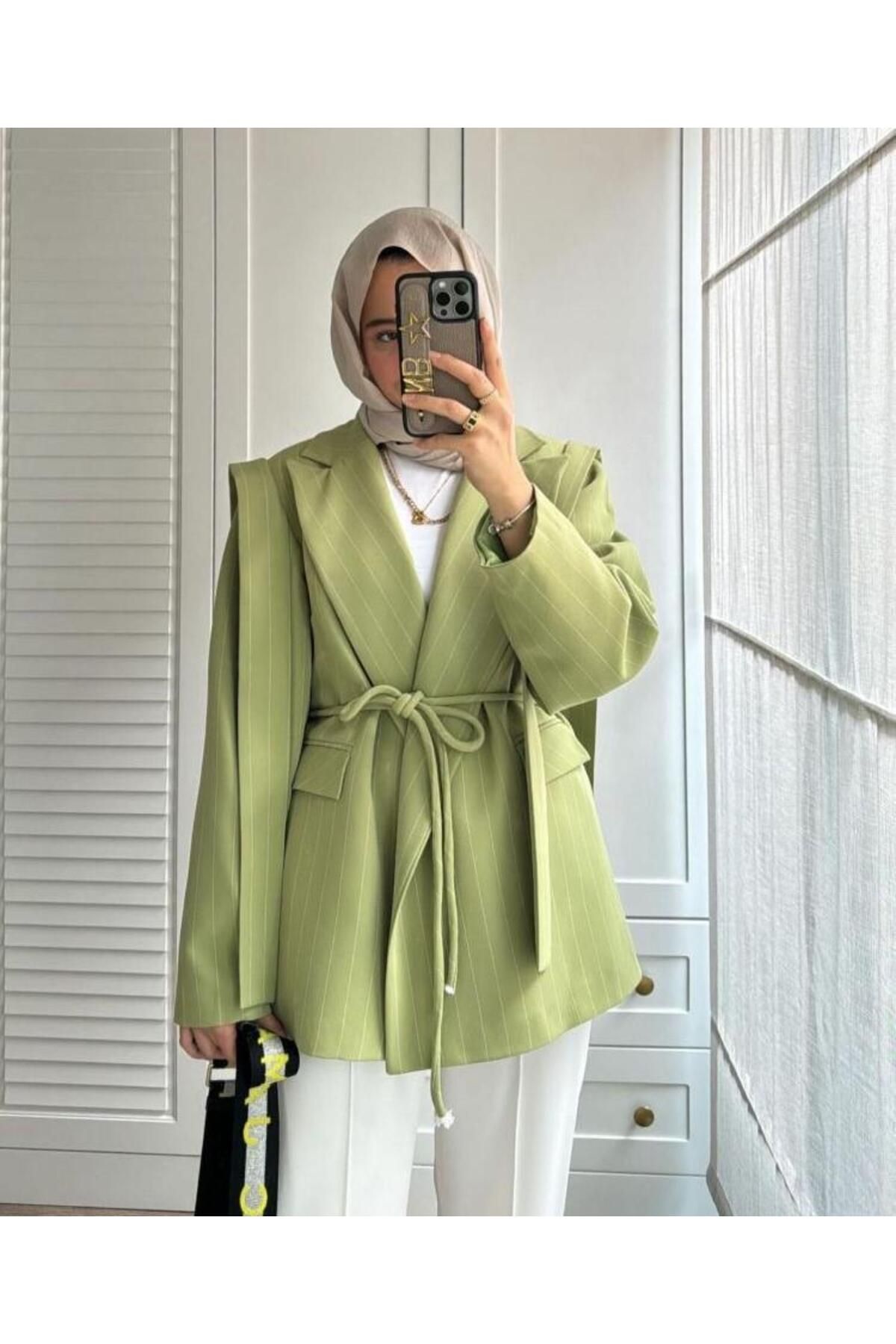 ELİSA Çizgili Belden Bağlamalı Premium Ceket Yeşil