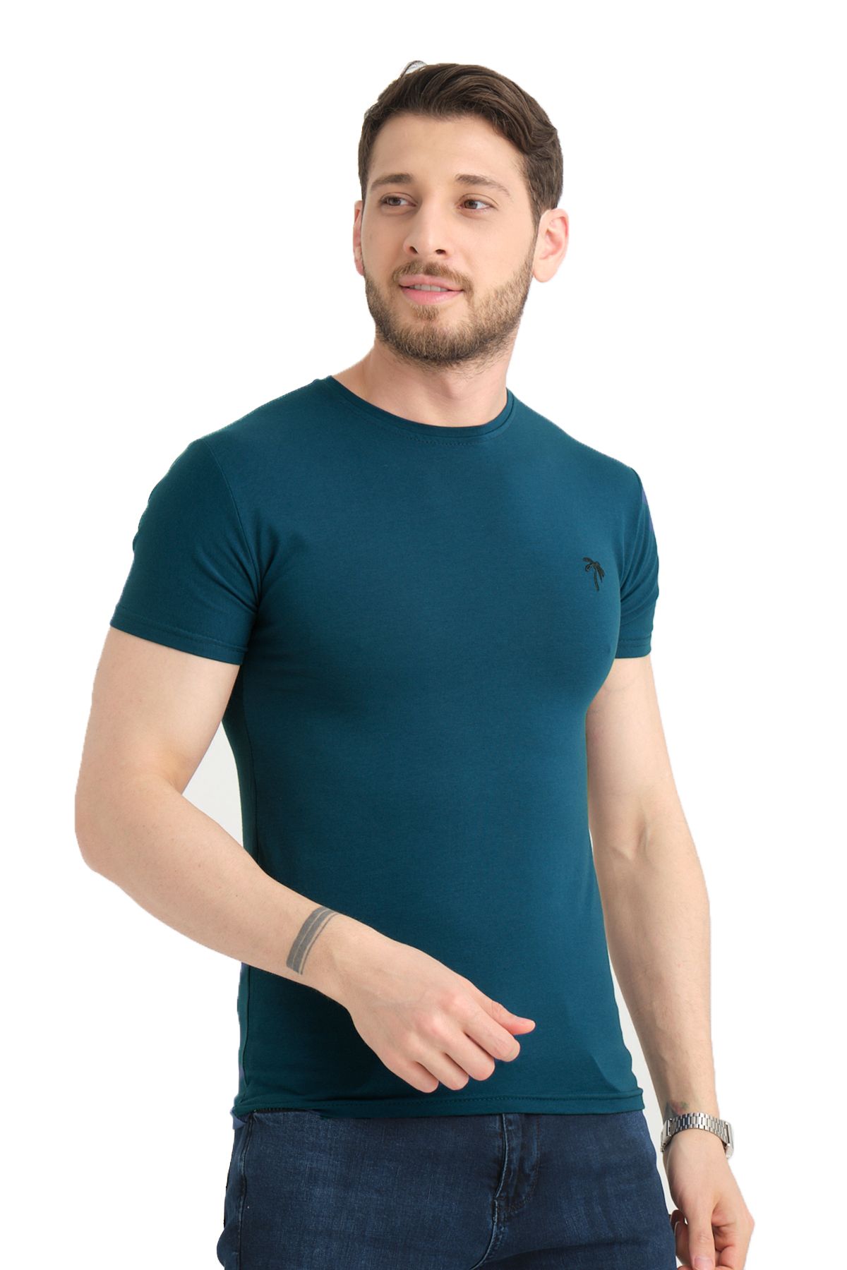 Varetta Erkek Çelik Mavi Bisiklet Yaka Likralı Pamuklu Kısa Kollu T shirt
