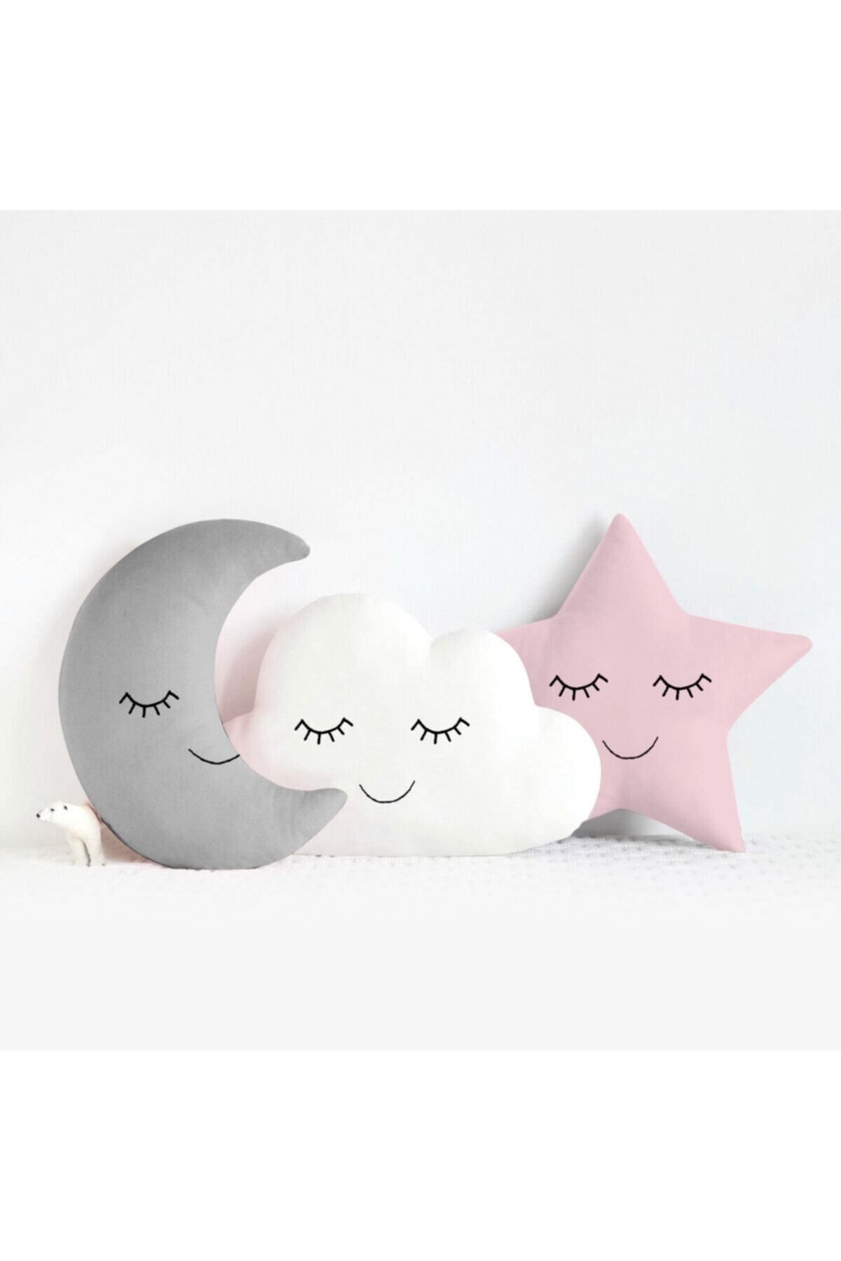 Miomundo Bebek Ve Çocuk Odası Ay-yıldız-bulut Yastık Seti Uyku Arkadaşları Üçlü Kombin Gri Beyaz Pembe