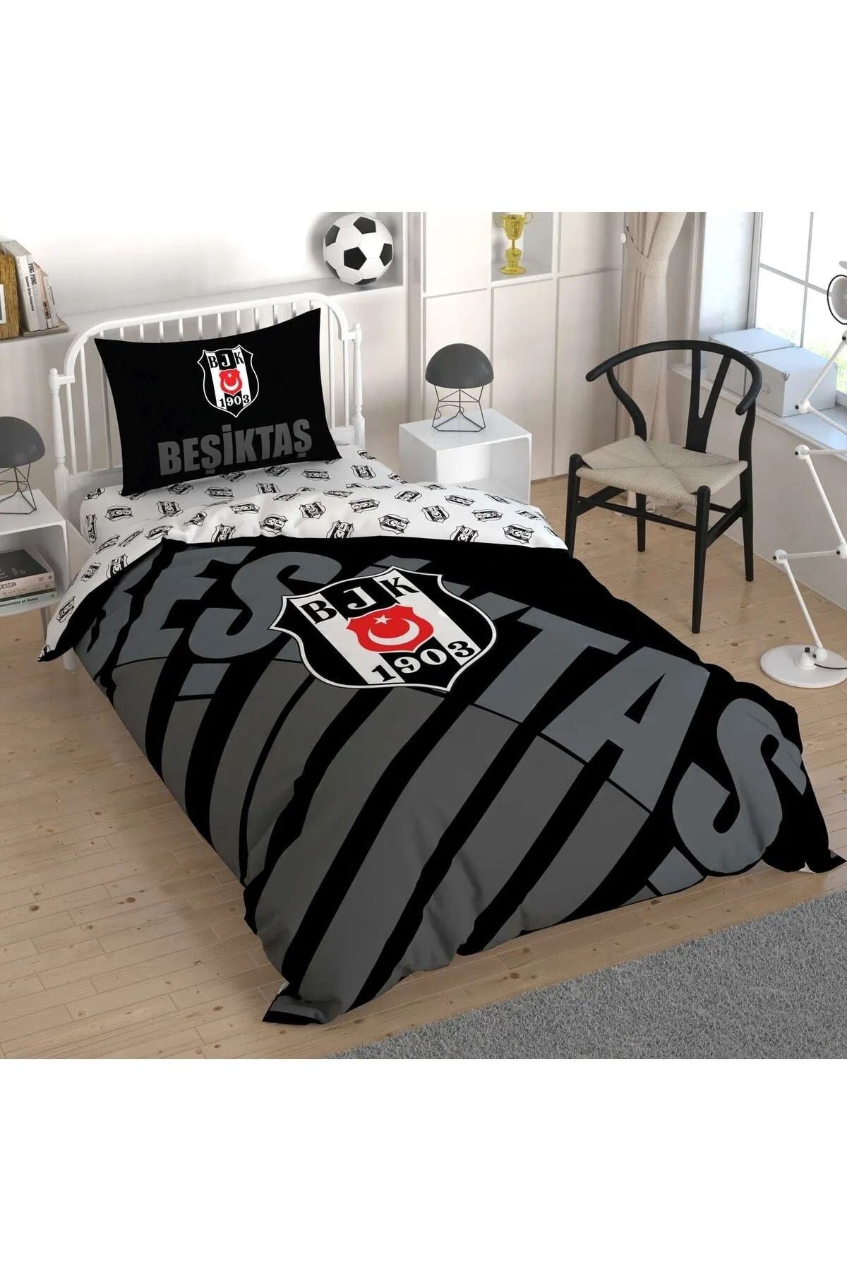 Beşiktaş Lisanslı Beşiktaş Siyah Logo Pamuk Tek Kişilik Nevresim Takımı