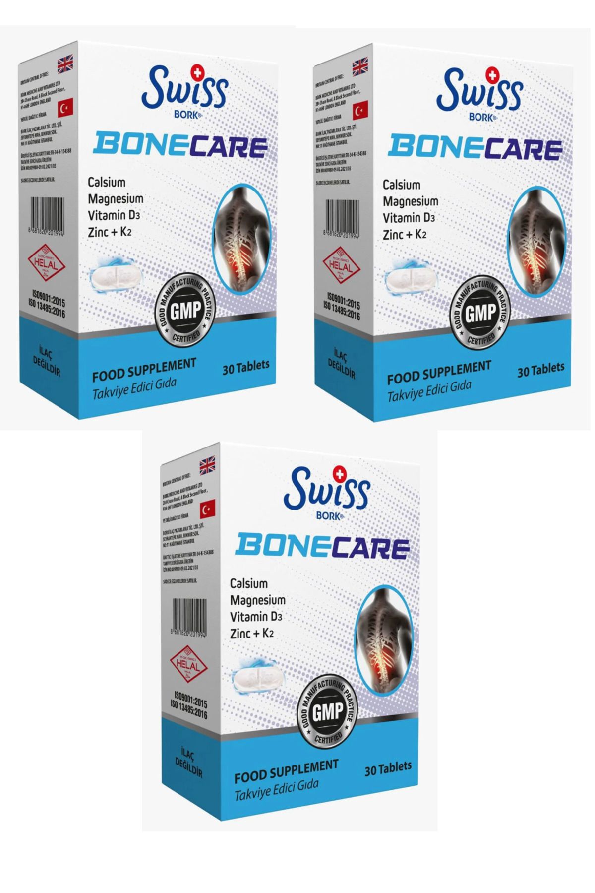 SWISS 3 Kutu Bonecare 30 Tablet ( Kalsiyum, Magnezyum, Çinko, Vitamin D3, K2 )