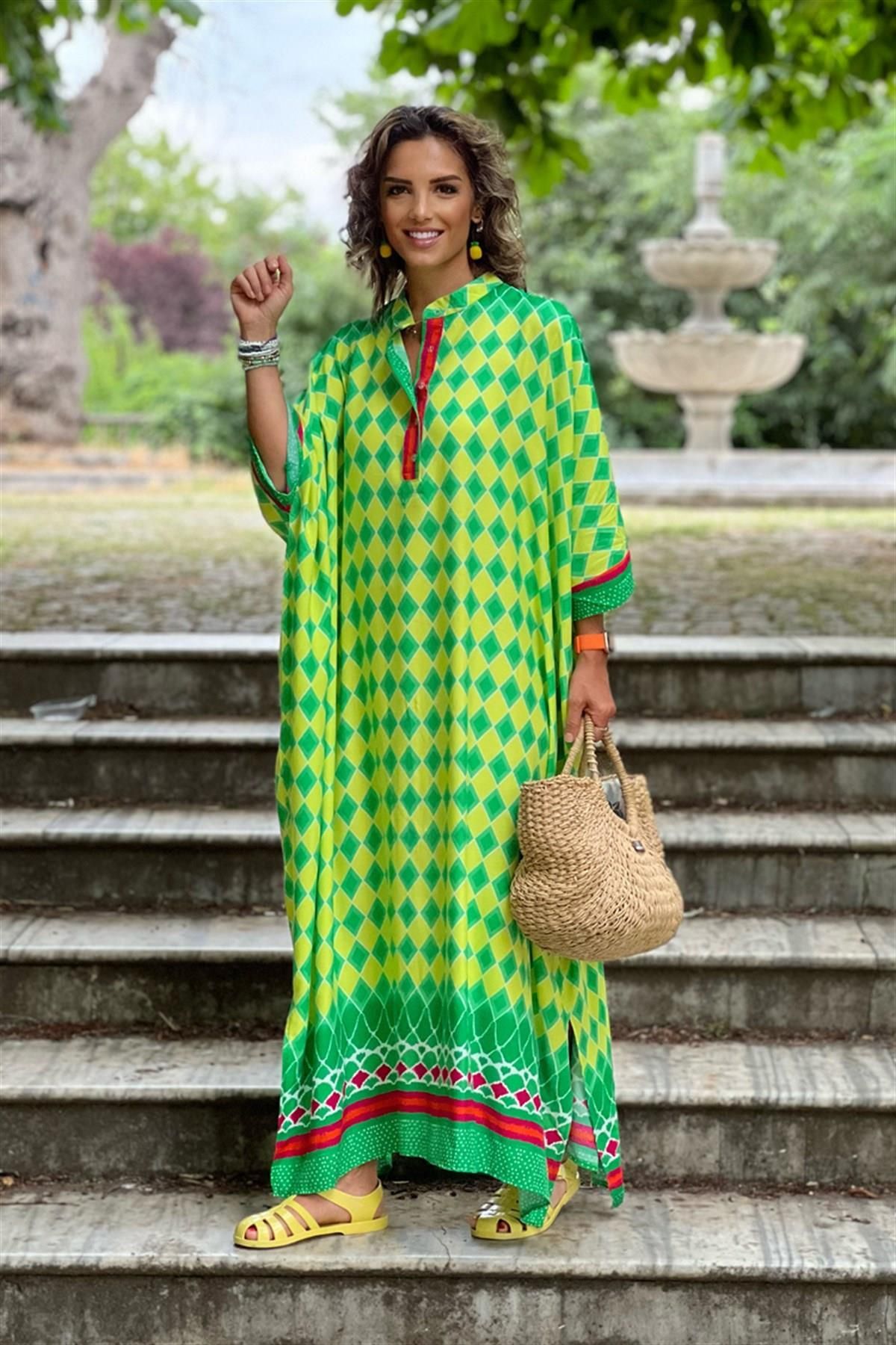 Nevin Kaya Moda Sarı Renk Amalfi Desenli Elbise