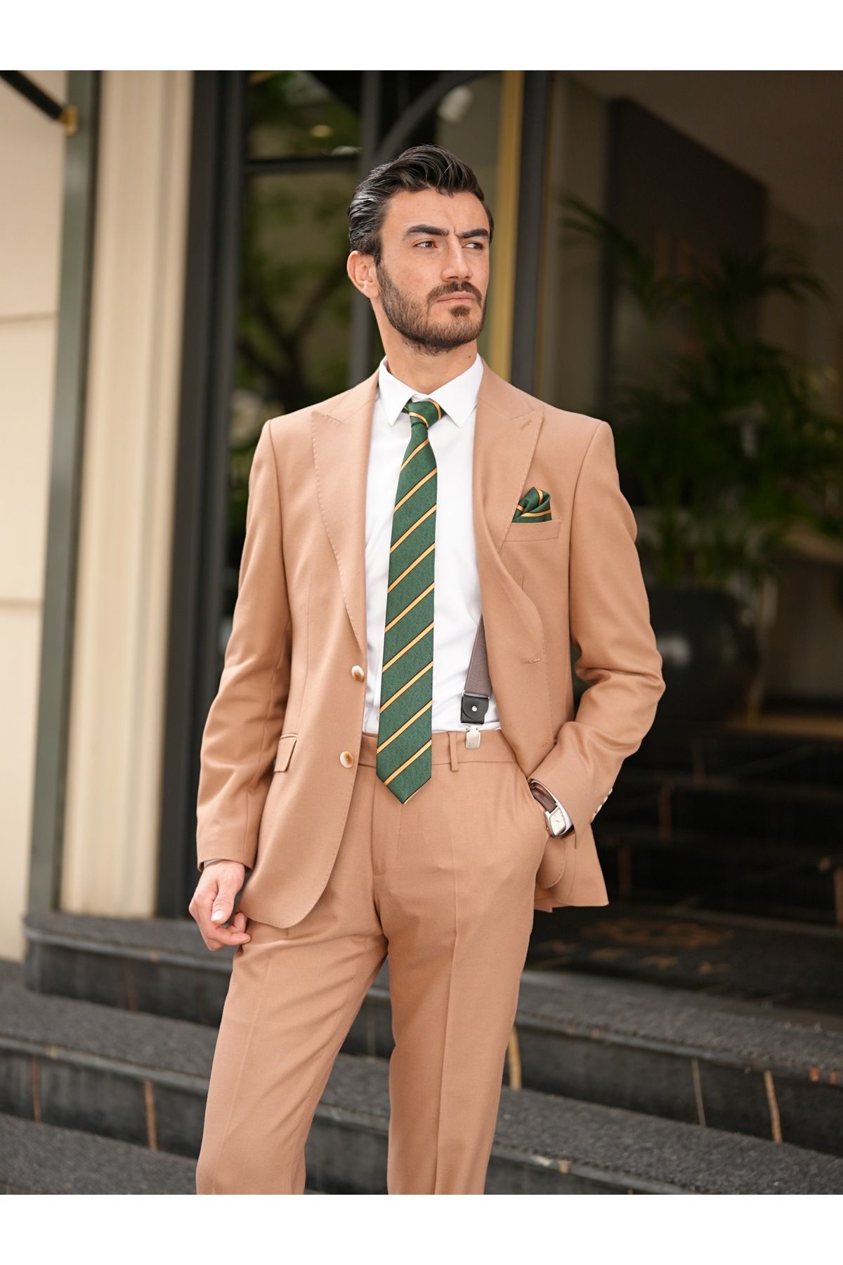 LONATOLİA Premium Erkek Slim Fit İtalyan Stil Punto Dikişli Yarım Astarlı Takım Elbise Ceket Pantolon-Taba