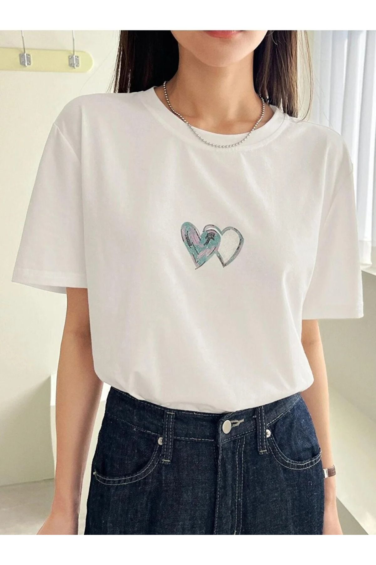 Buddy Store Kalp Baskılı Oversize T-Shirt (Pamuk & Unisex)