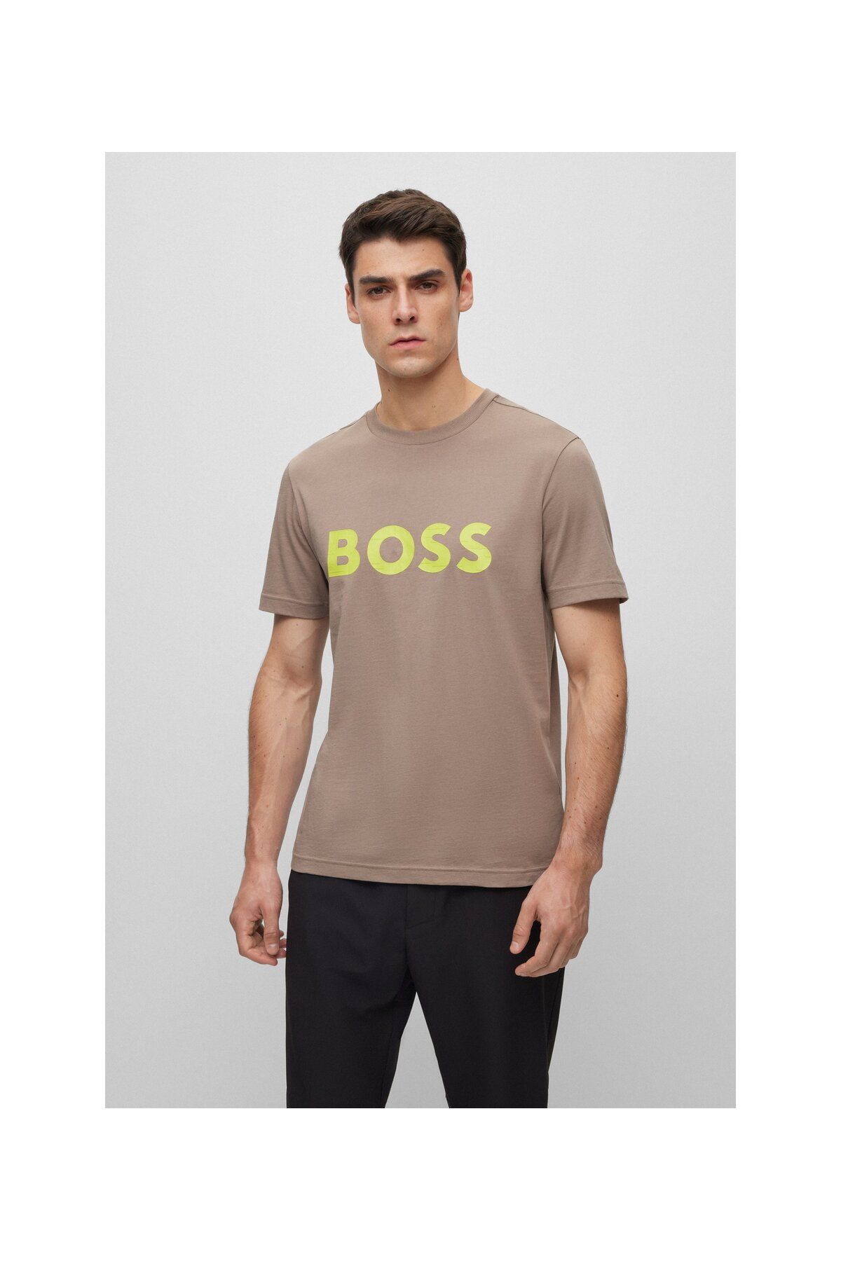 BOSS Zıt renkli logo baskılı pamuklu jarse tişört