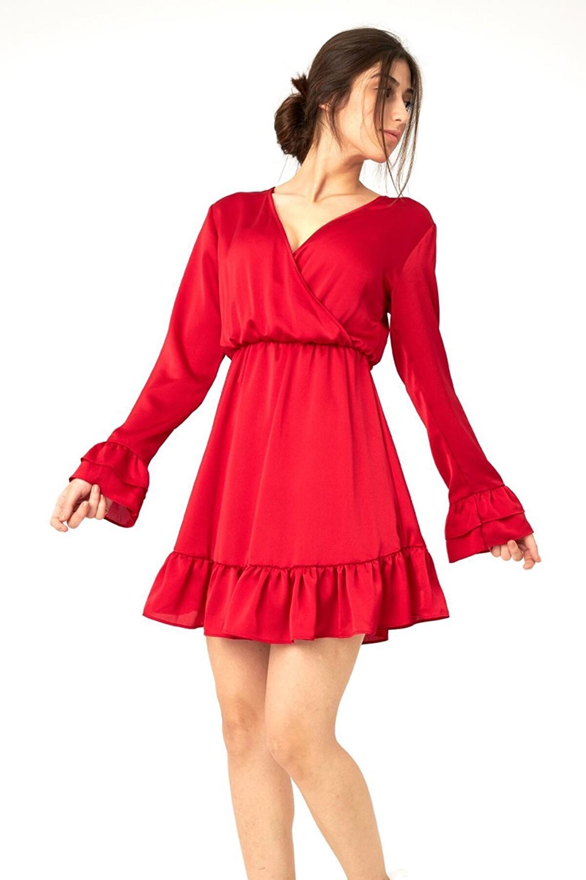 Shu Uzun Kollu Fırfırlı Elbise Kırmızı