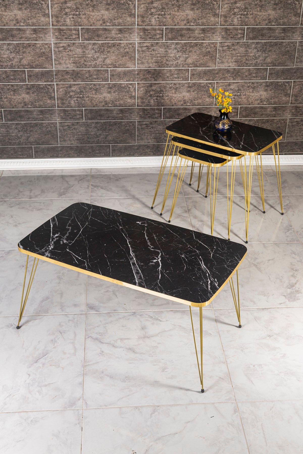 Fancy Siyah Mermer Desenli Gold Metal Ayaklı Orta Sehpa Ve 3'lü Zigon Sehpa Set