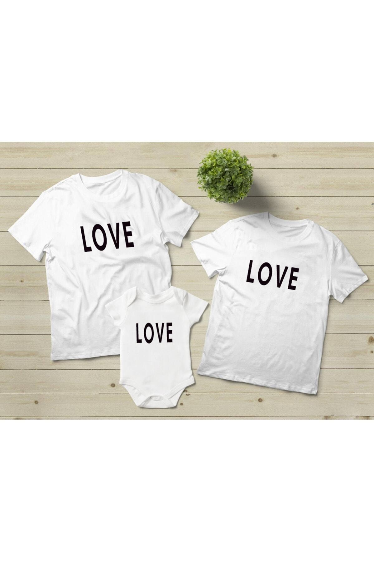 Genel Markalar Love Baskılı 3lü Aile Kombini 2 Tshirt 1 Bebek Zıbın -beden Yazmayı Unutmayınız