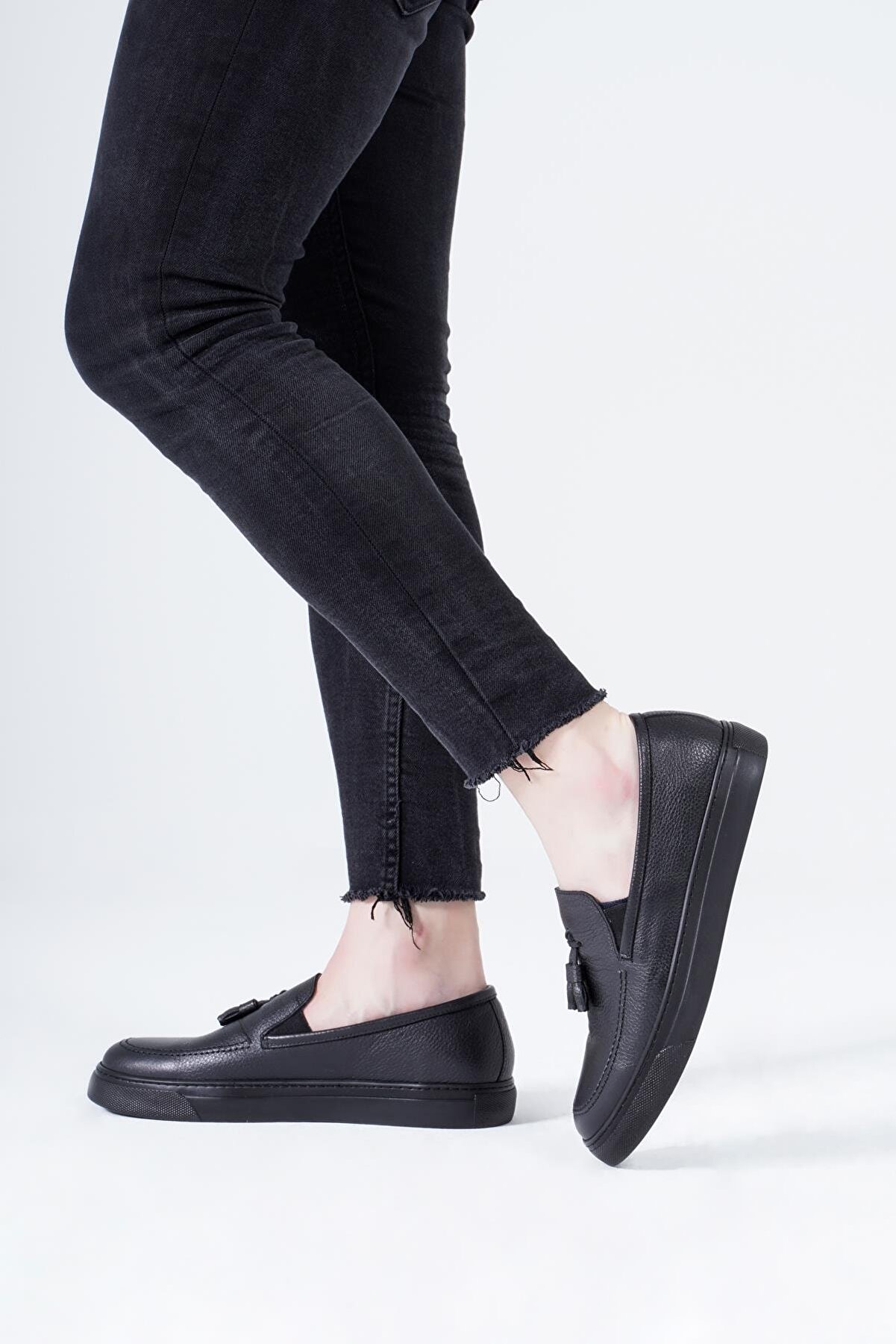 CZ London Hakiki Deri Erkek-siyah Loafer Sneakers – Püskül Comfort Ped Spor Ayakkabı
