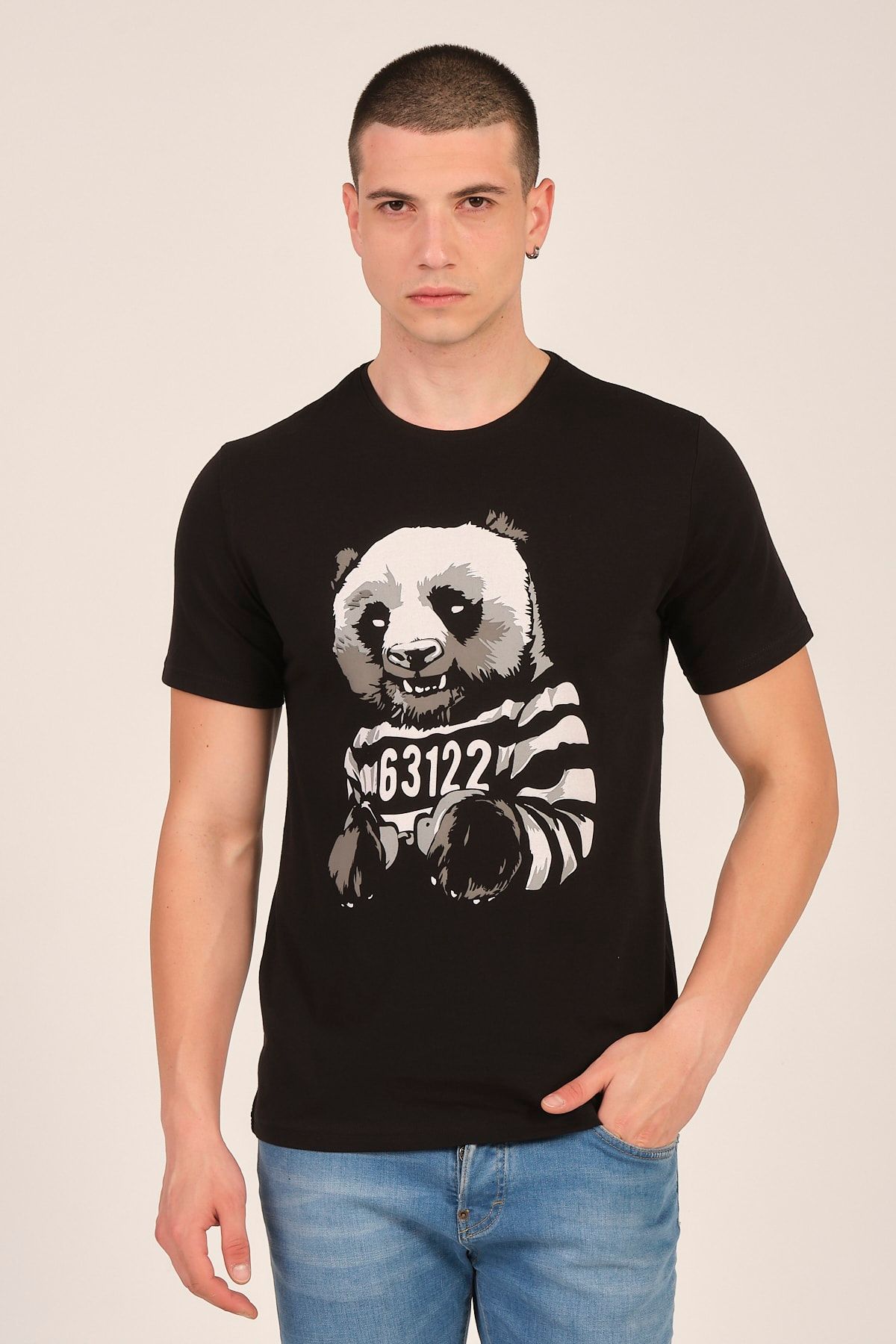 1000LAKE Erkek Siyah Mahkum Panda Baskılı Bisiklet Yaka Pamuklu Tişört