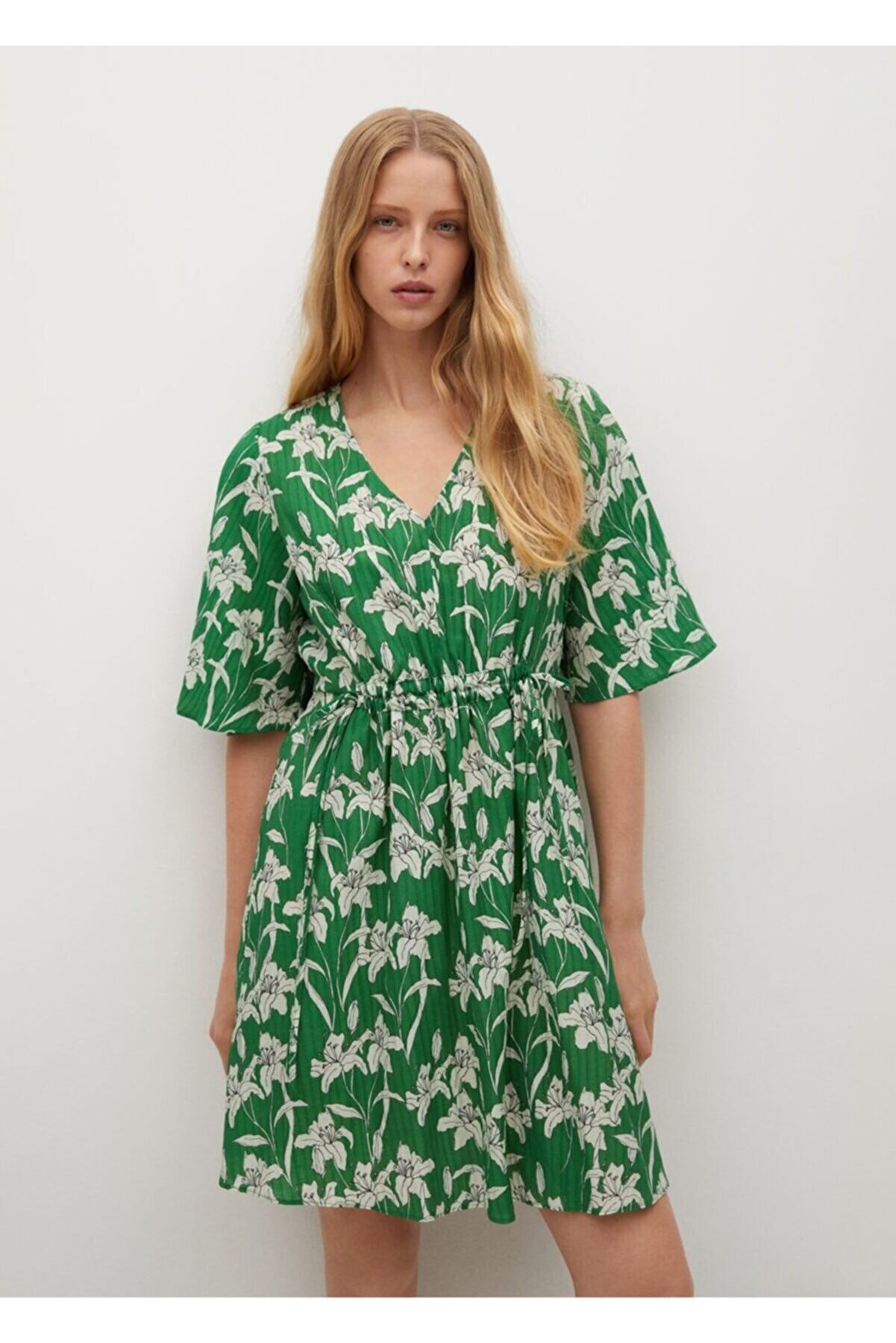 MANGO Kadın Yeşil Desenli Fırfırlı Elbise