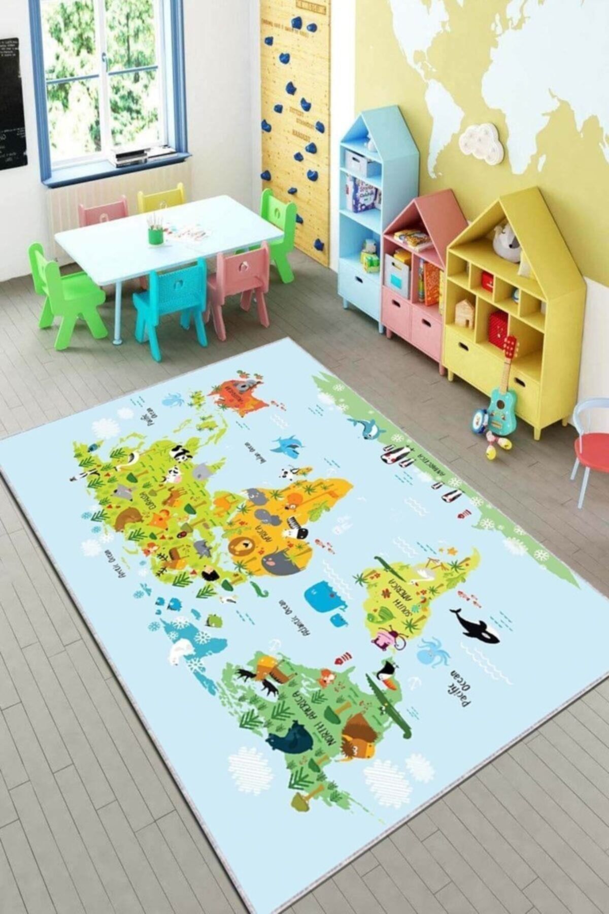 Resmiro Eğitici Harita Desenli Kaymaz Taban Yıkanabilir Dijital Baskı Çocuk Halısı